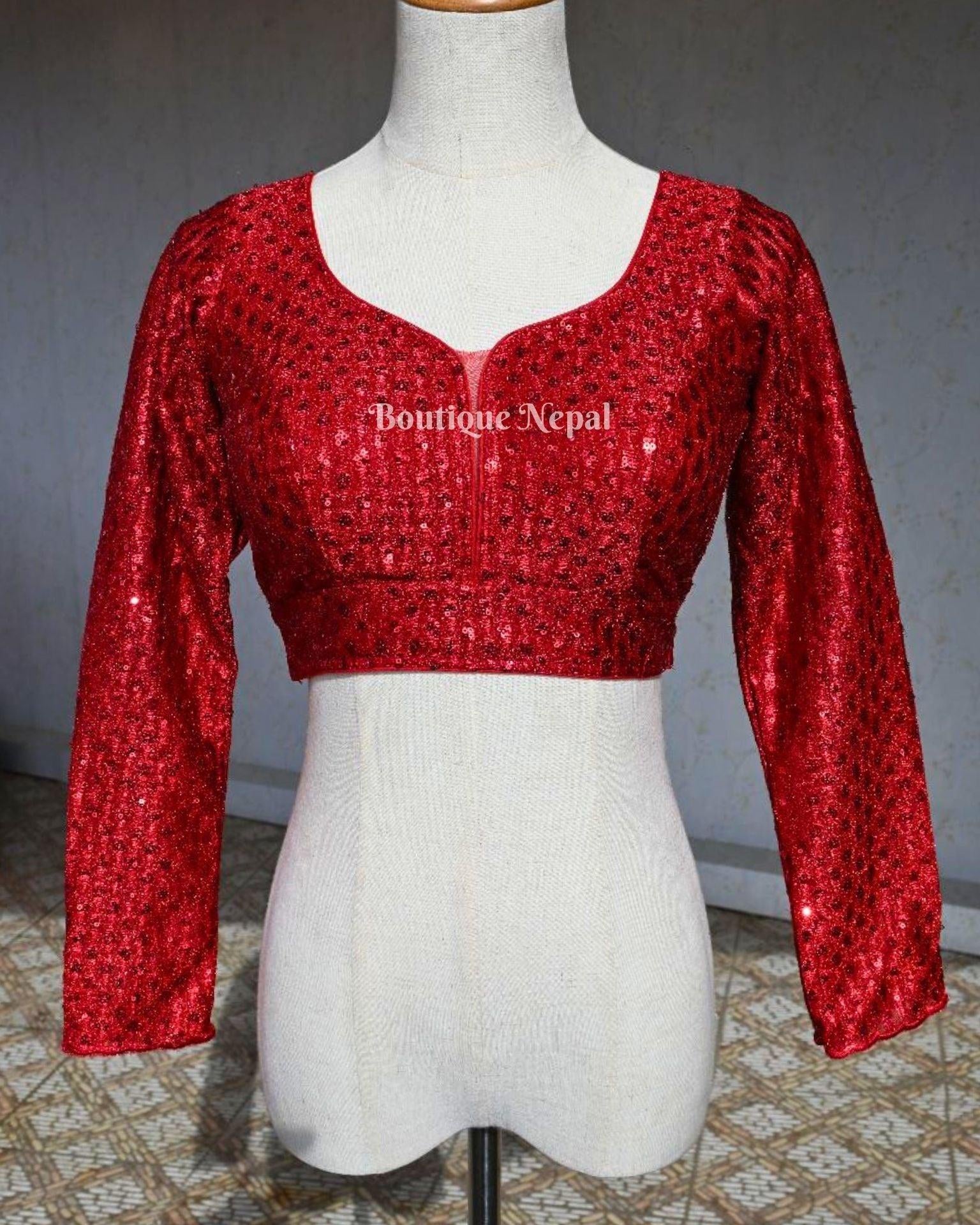 Full Sleeves Red Sequence Blouse - Boutique Nepal Australia 