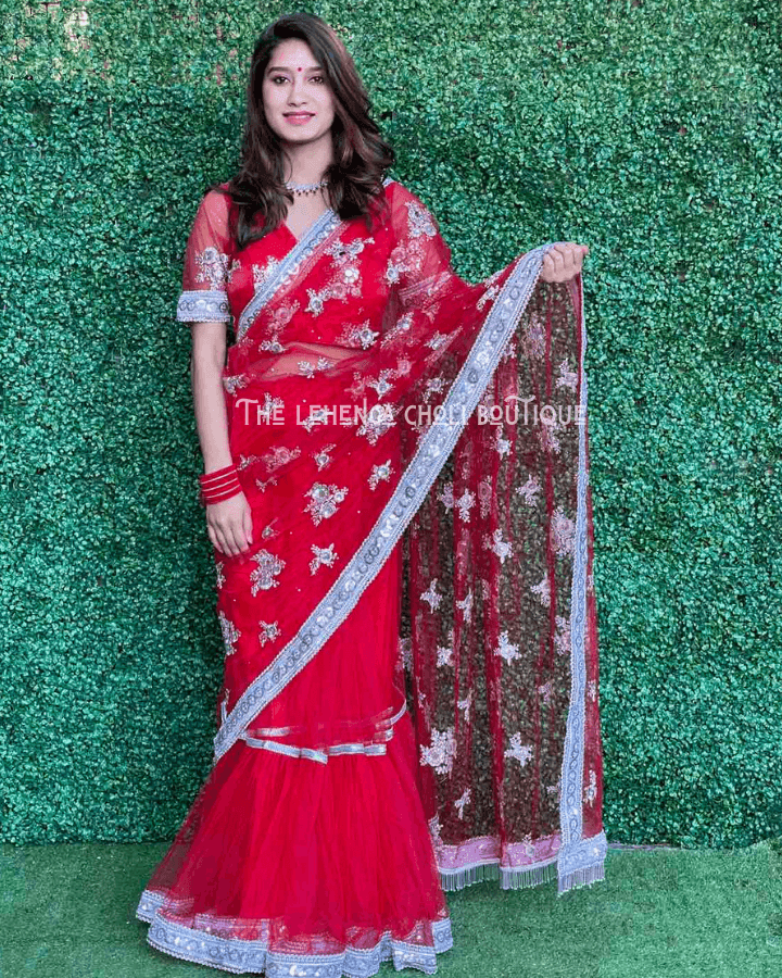 Gathered Saree In Red