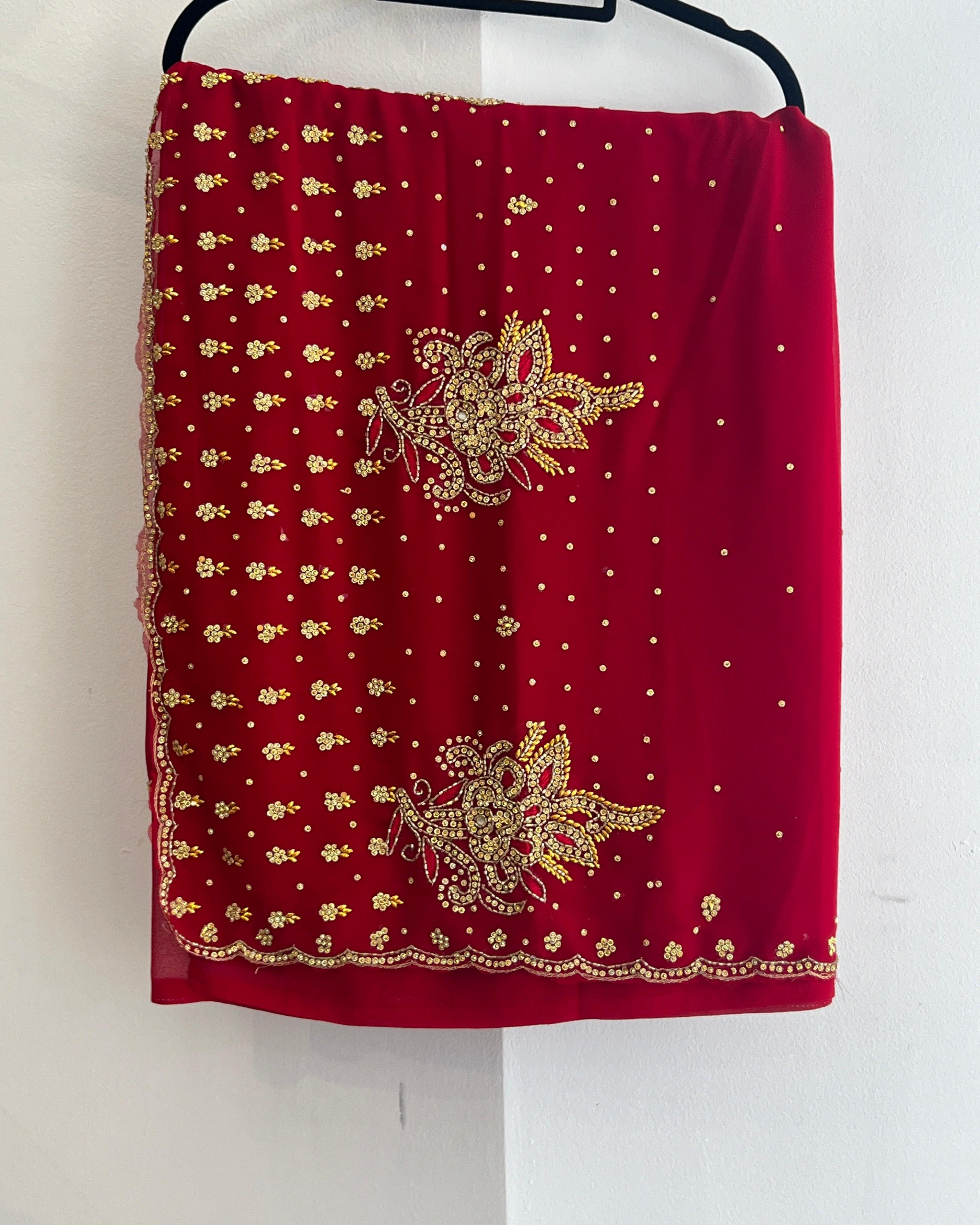 Georgette Saree Set In Red with Sworoski Crystal - Boutique Nepal