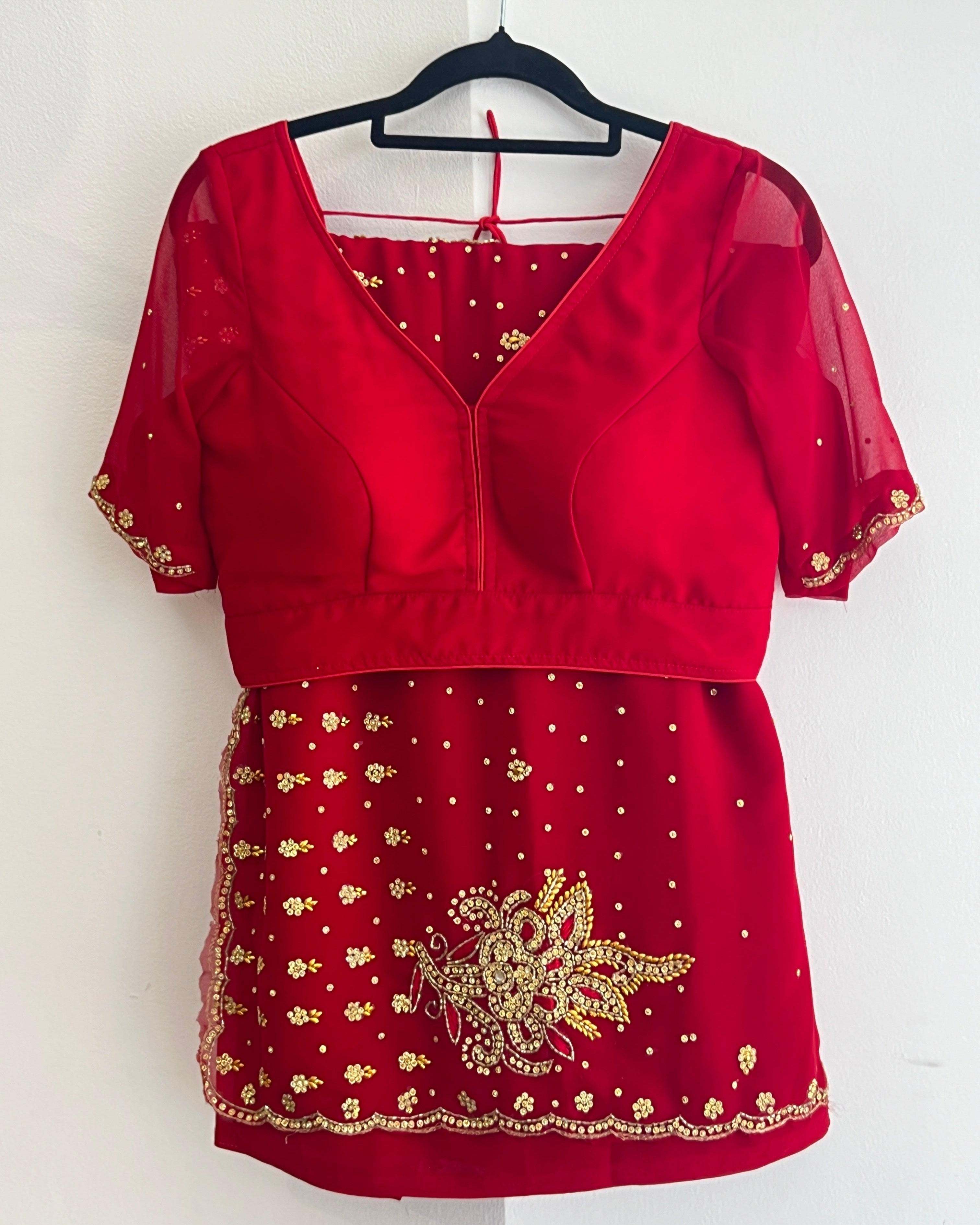 Georgette Saree Set In Red with Sworoski Crystal - Boutique Nepal