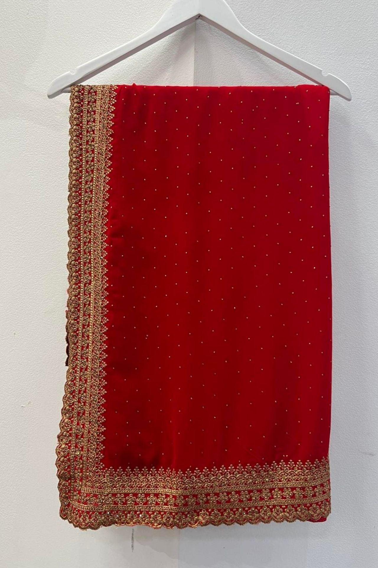 Georgette Saree With Gold Zari Work in Red - Boutique Nepal