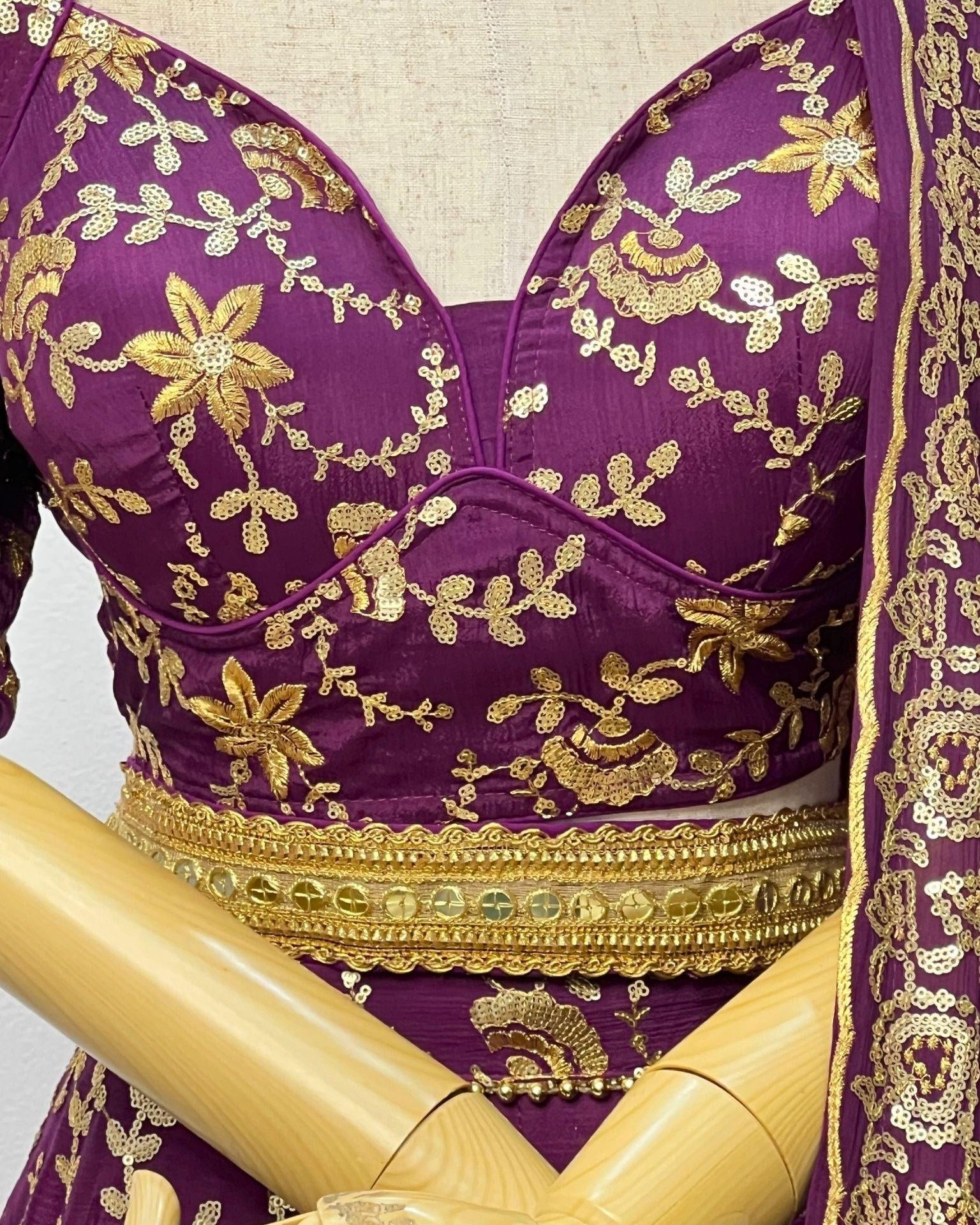 Gold Embrodey Lehenga Choli Set In Dark Purple - Boutique Nepal