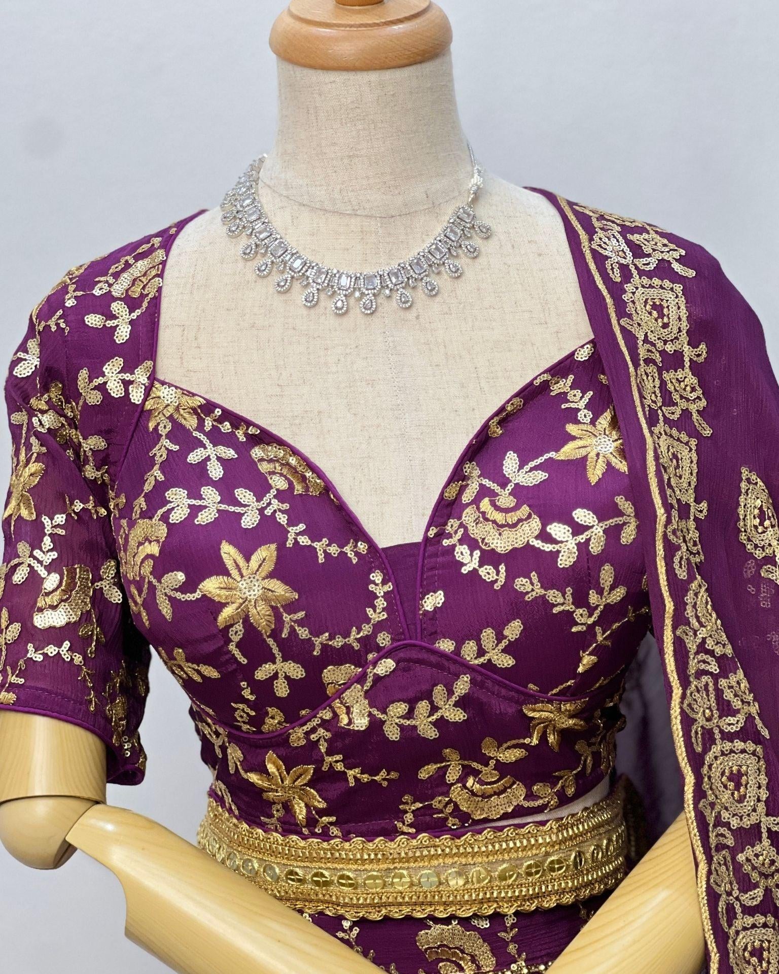 Gold Embrodey Lehenga Choli Set In Dark Purple - Boutique Nepal