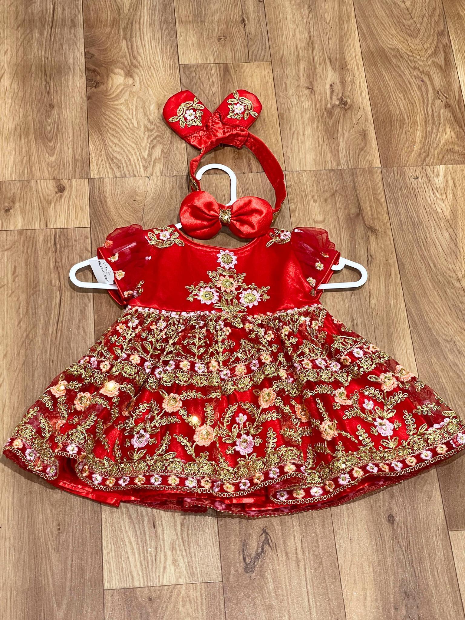 Gold Embroideri Pasni Dress For Girls In Red - Boutique Nepal