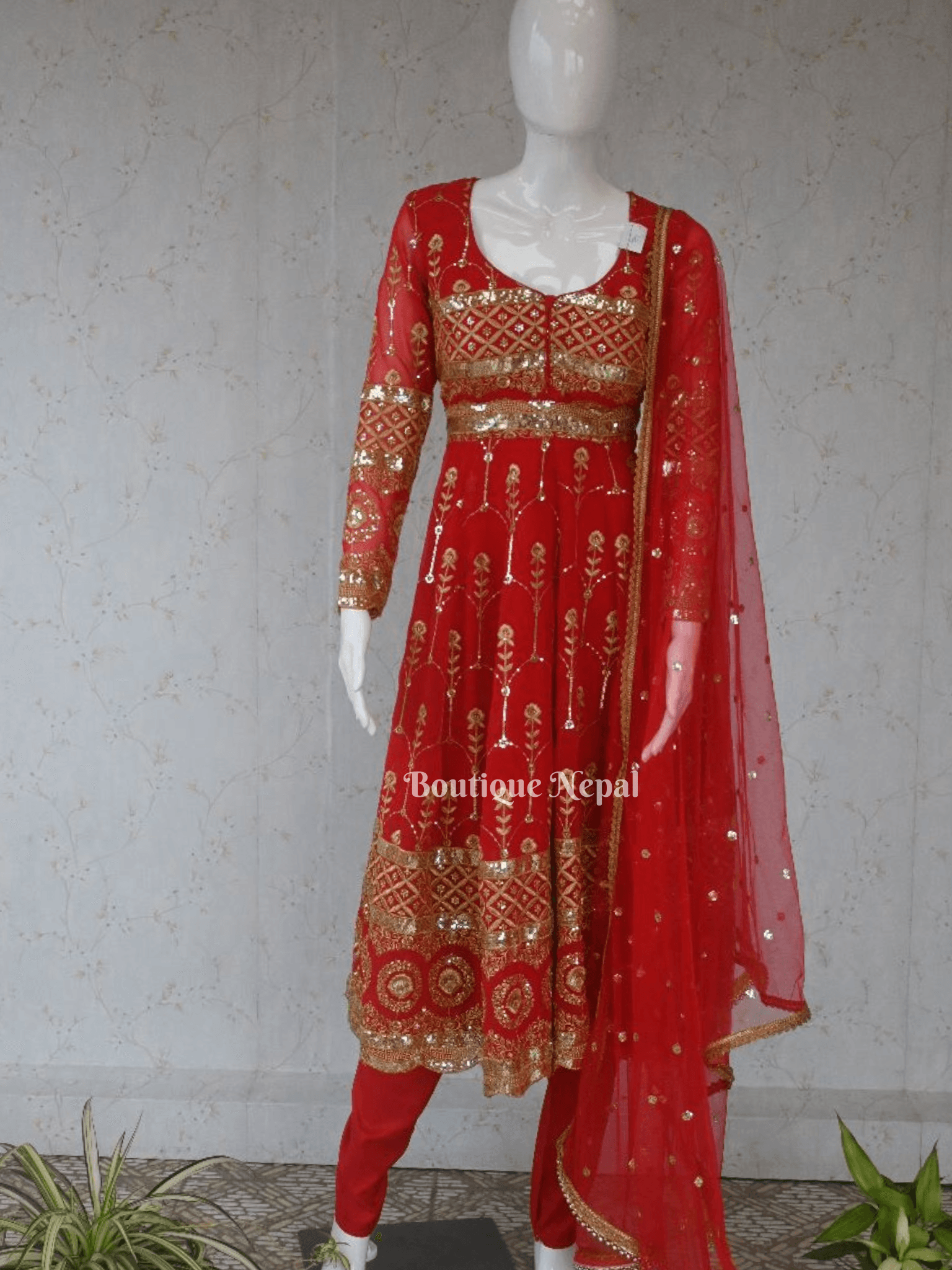 Gold Embroidery Red Anarkali Kurta Set - Boutique Nepal