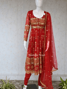 Gold Embroidery Red Anarkali Kurta Set - Boutique Nepal