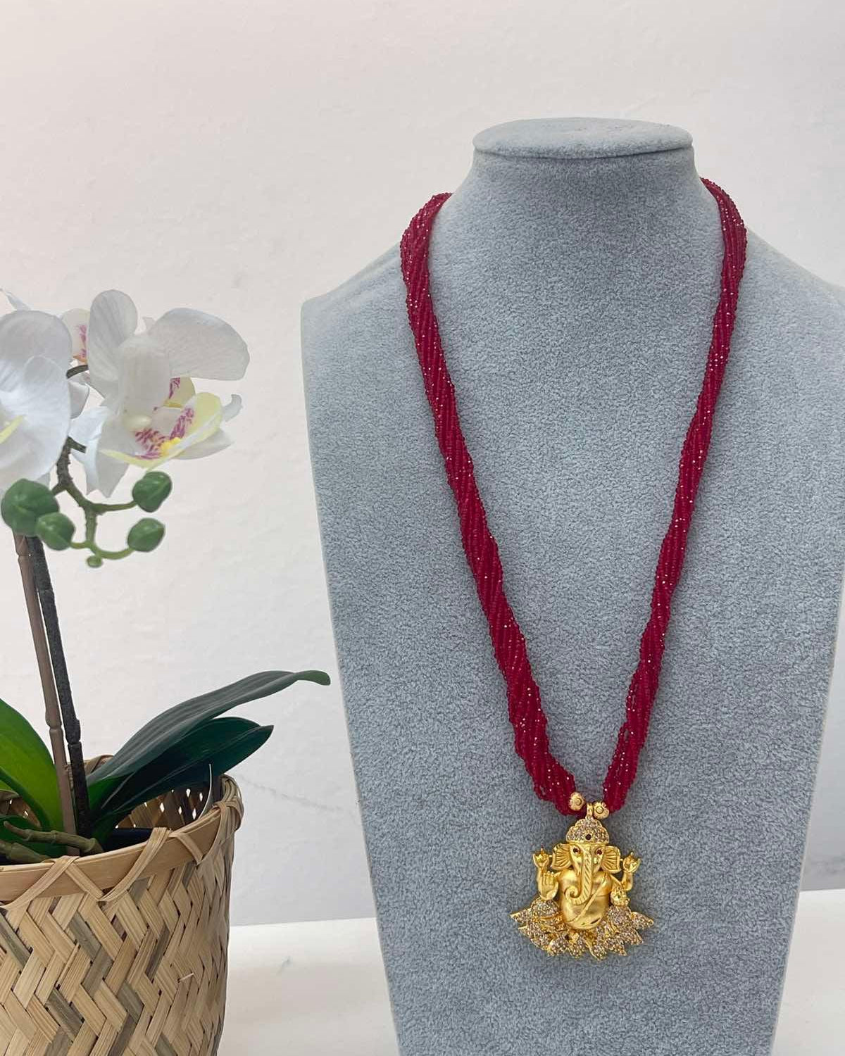 Gold Plated Red Ganesh Pendant with Red Hydro Pote - Boutique Nepal