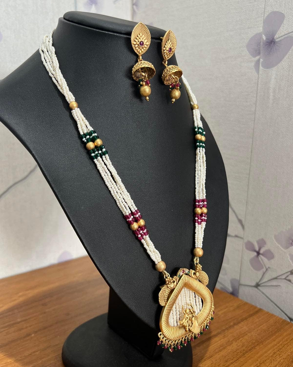Gold Plated Temple Necklace Set with White Pote - Boutique Nepal