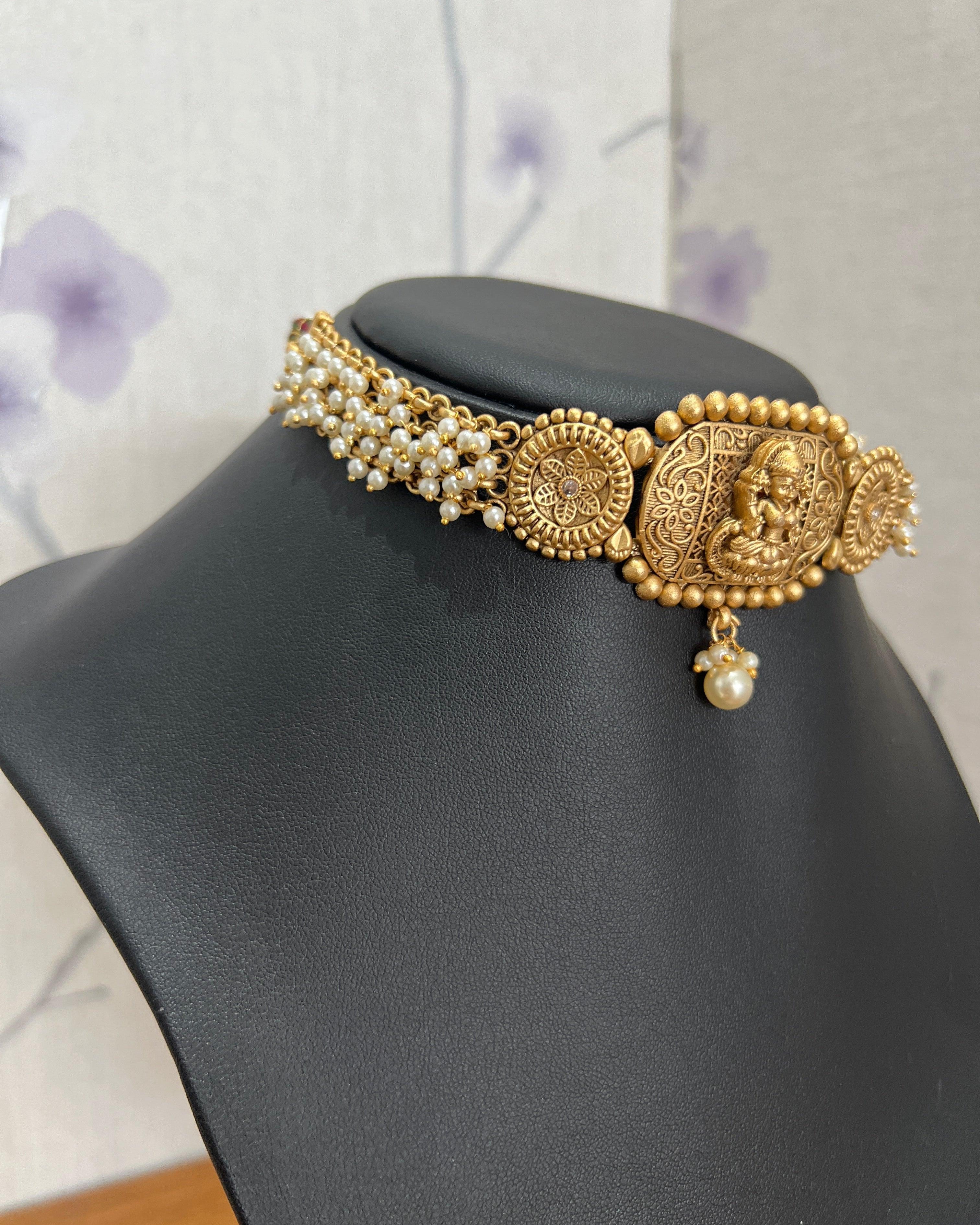 Gold Plated Temple Necklace with Pearl Set with Jhumka - Boutique Nepal