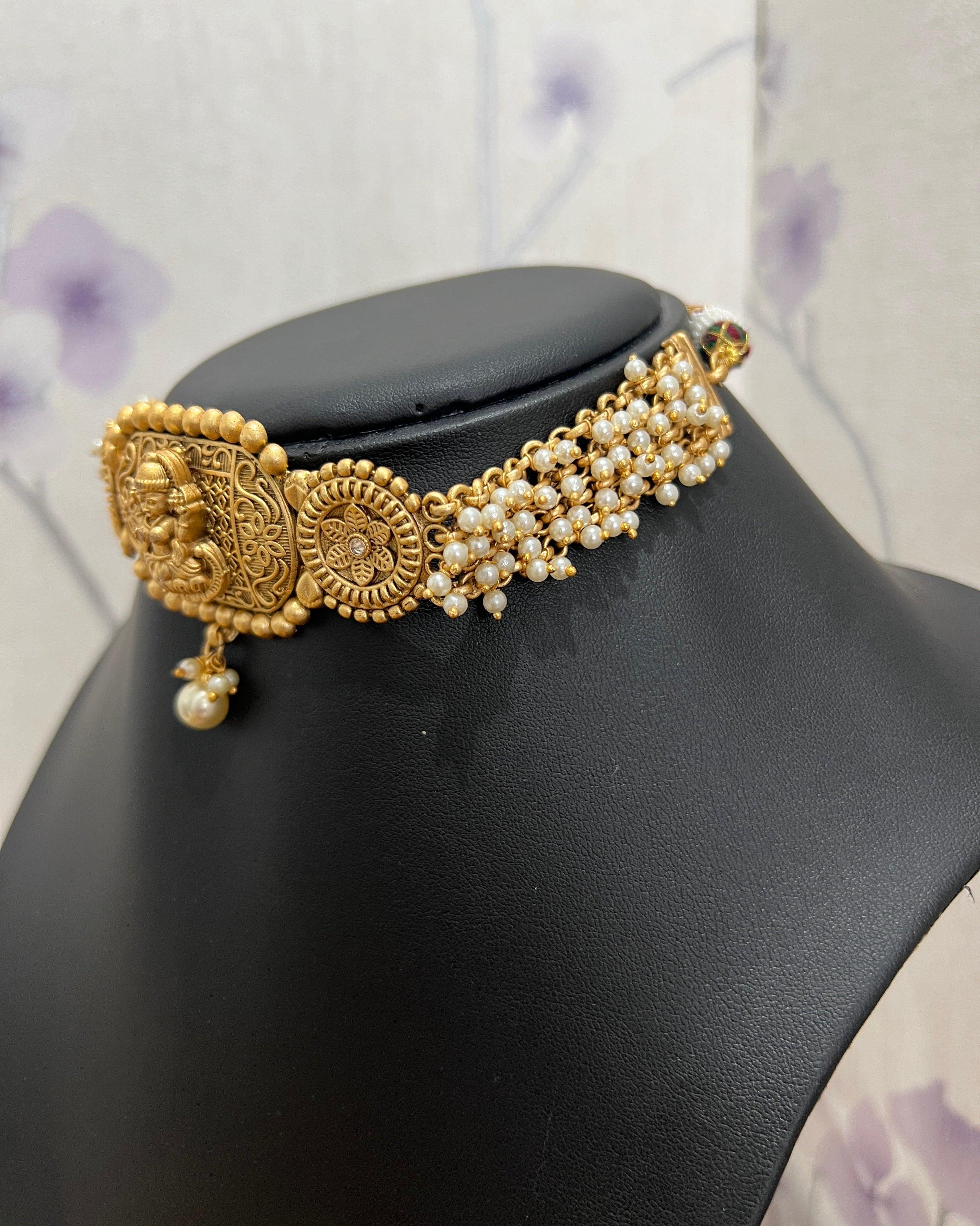 Gold Plated Temple Necklace with Pearl Set with Jhumka - Boutique Nepal