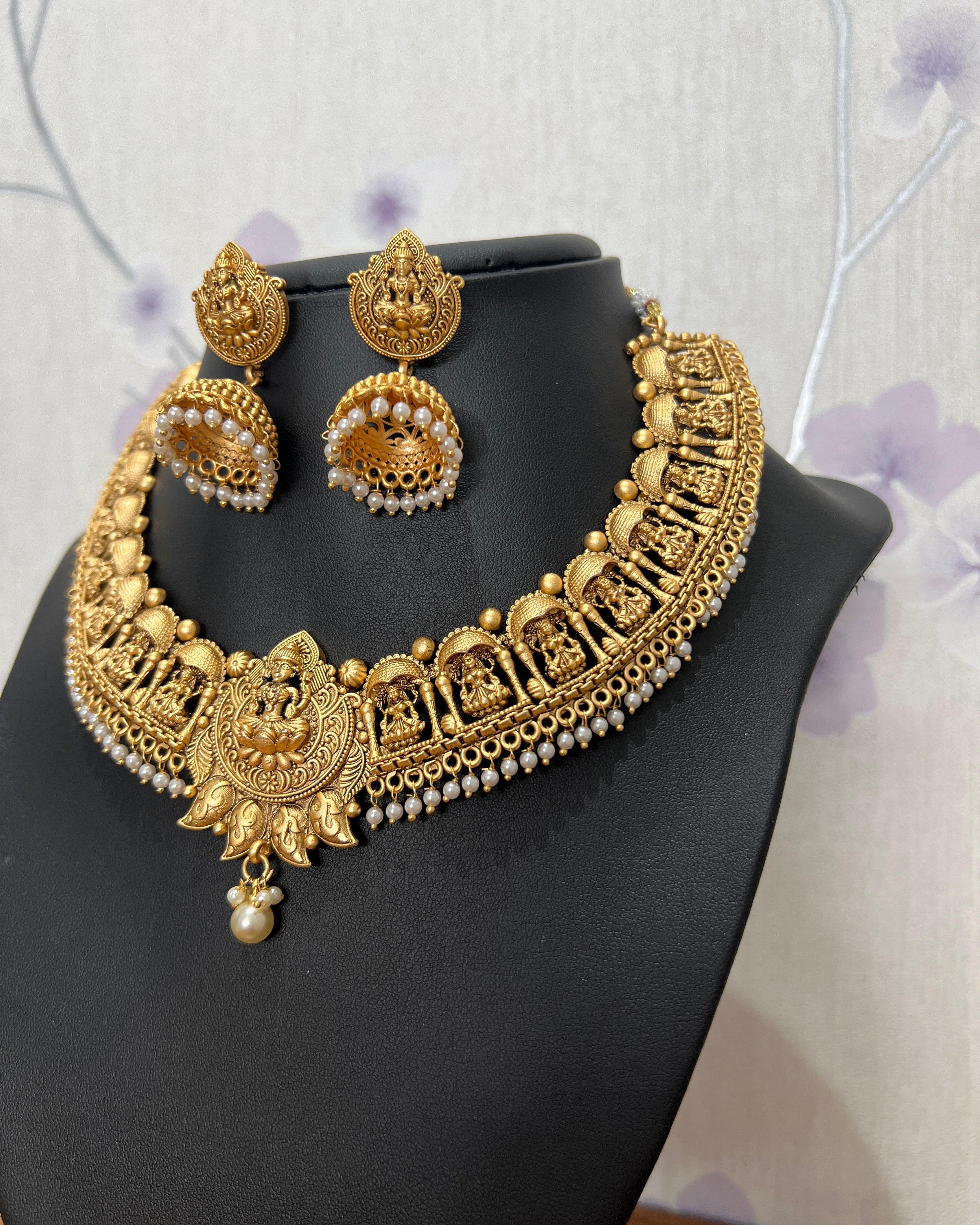Gold Plated Temple Necklace with Pearl with Pinjada Style Jhumka - Boutique Nepal