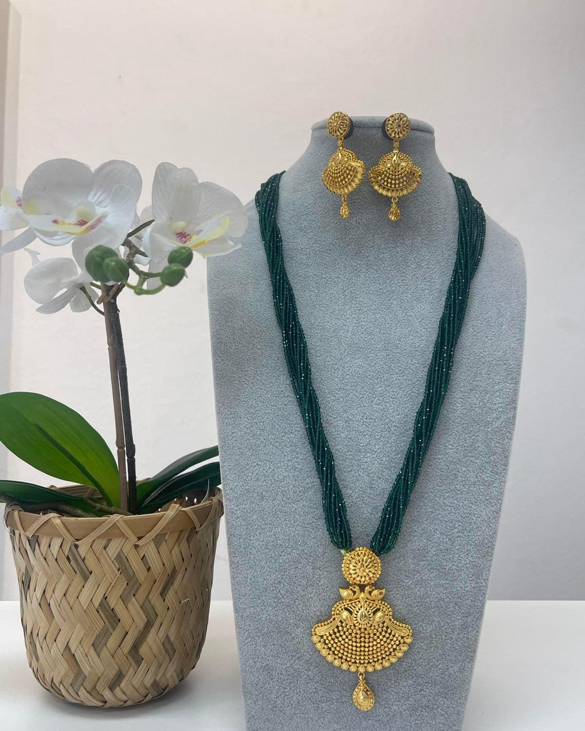 Gold Temple Pendent with Green Hydro Pote - Boutique Nepal