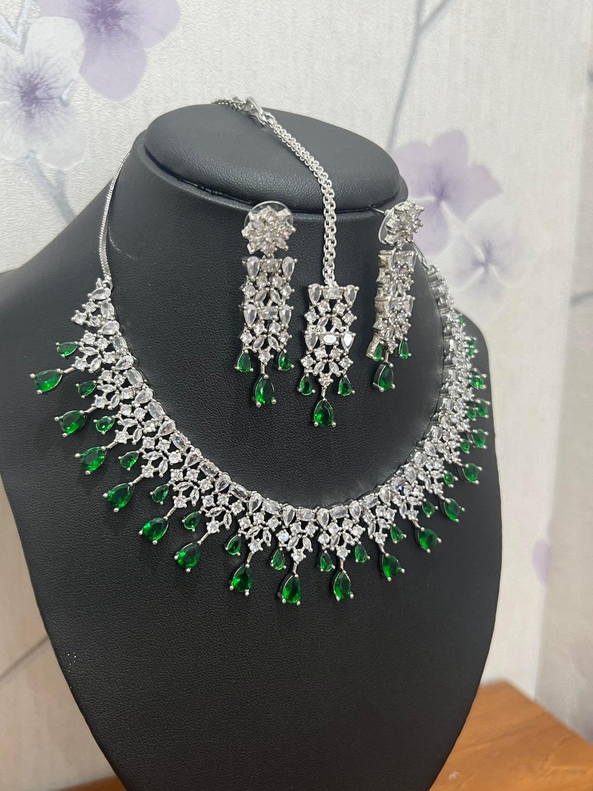 Green American Diamond Necklace Set with Bindi - Boutique Nepal
