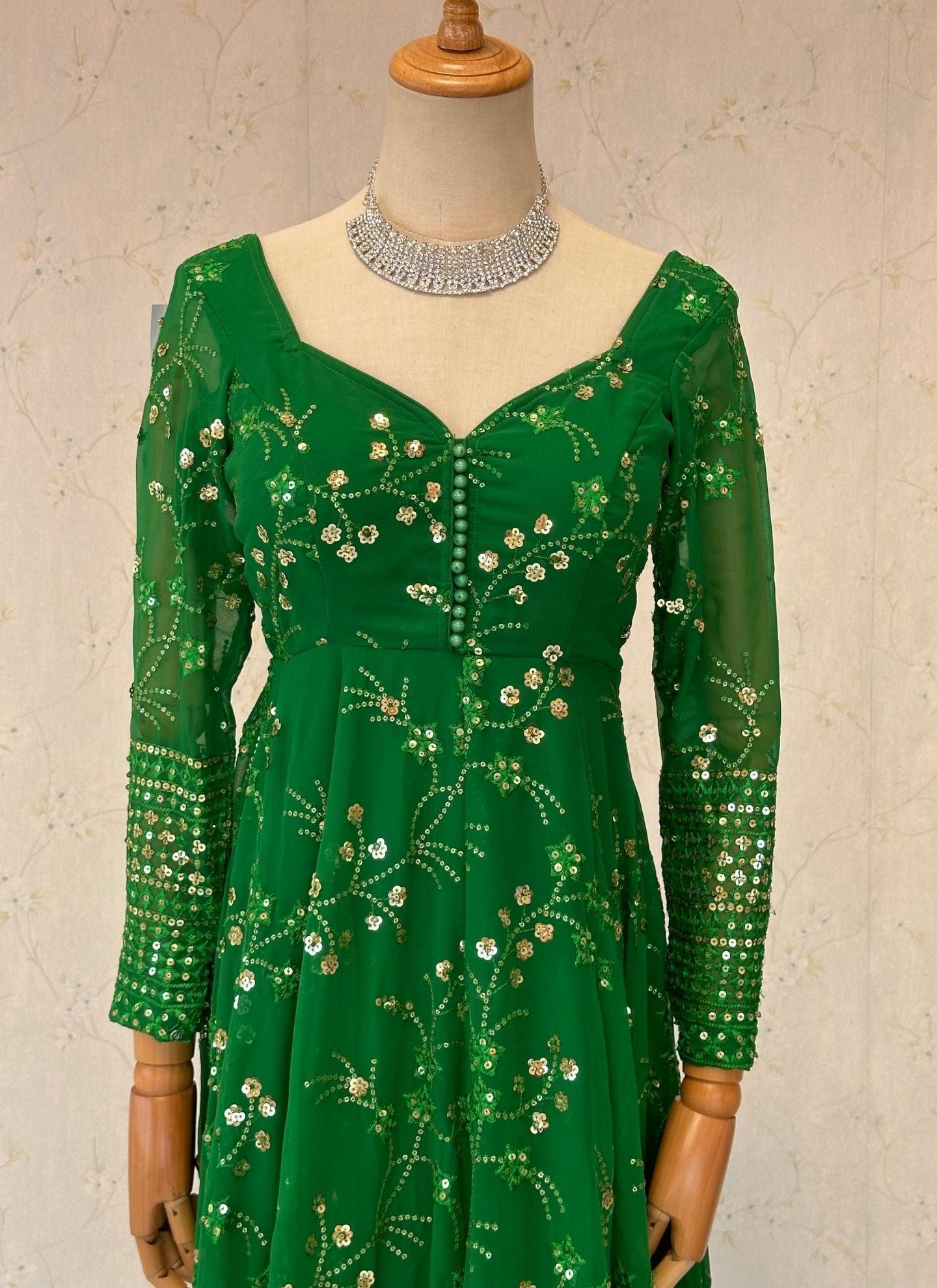 Green Anarkali Kurta With Mirror Work - Boutique Nepal