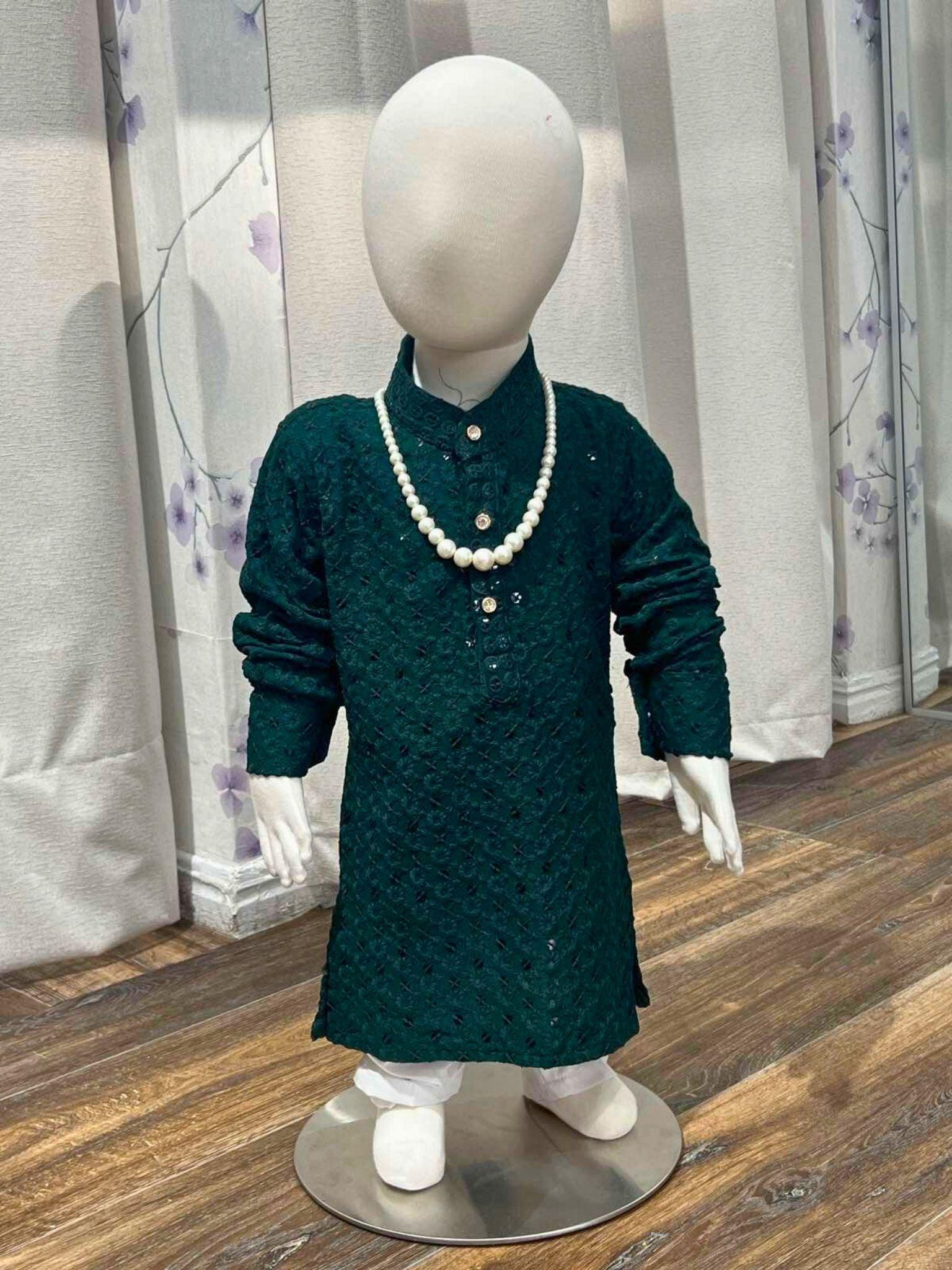 Green Boys Chikankari Sequined Work Kurta Pajama - Boutique Nepal