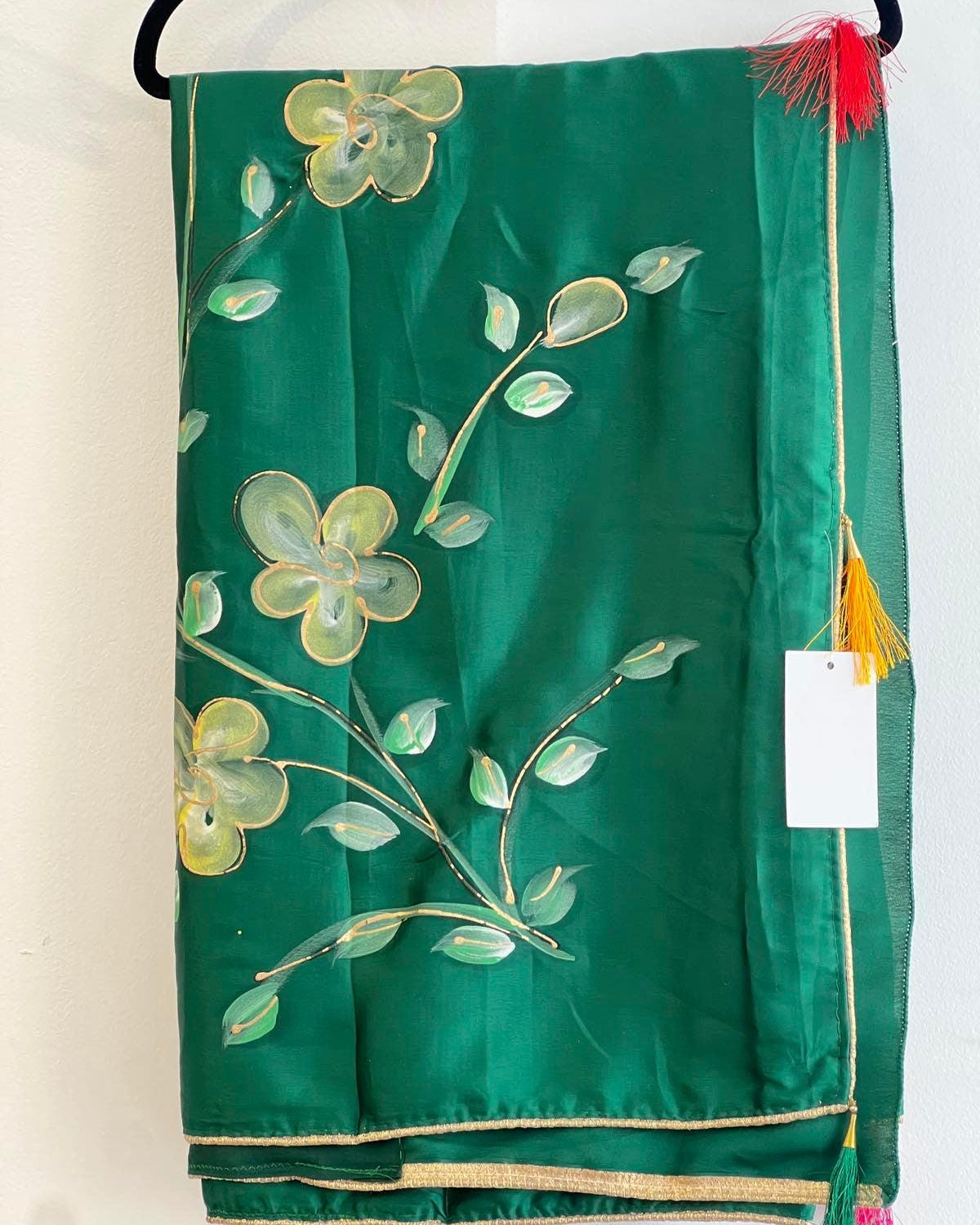 Green Simple Painted Silk Floral Saree - Boutique Nepal