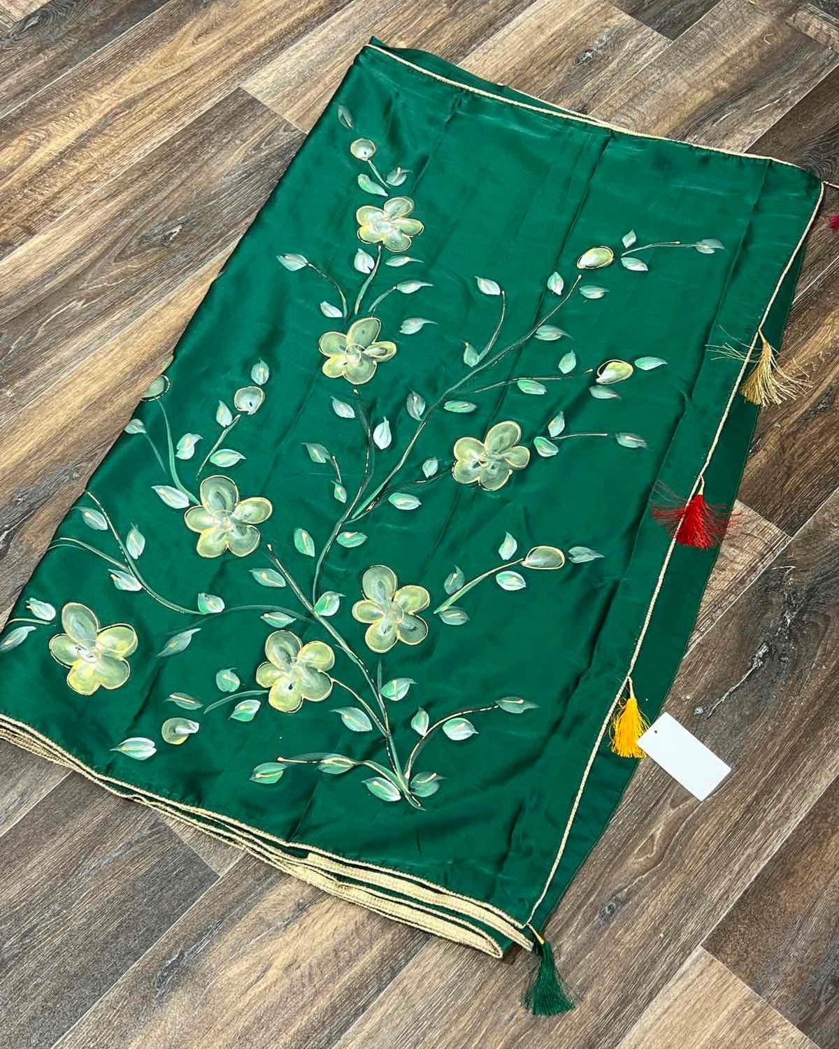 Green Simple Painted Silk Floral Saree - Boutique Nepal