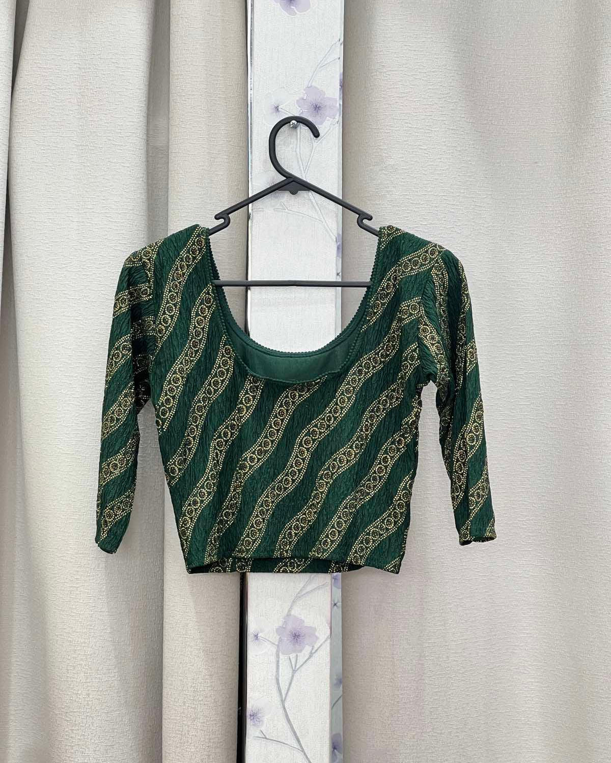 Green Streachable Blouse with Golden Pattern - Boutique Nepal