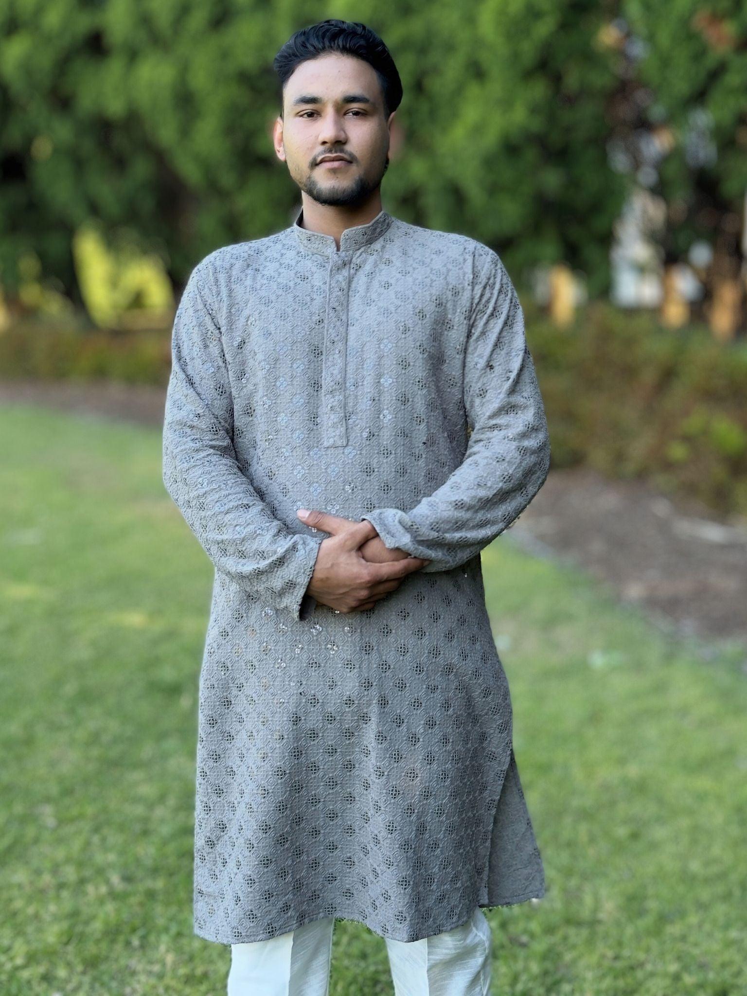 Grey Chikankari Kurta Set - Boutique Nepal