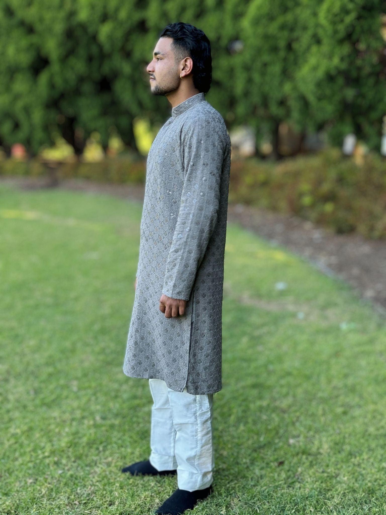 Grey Chikankari Kurta Set - Boutique Nepal