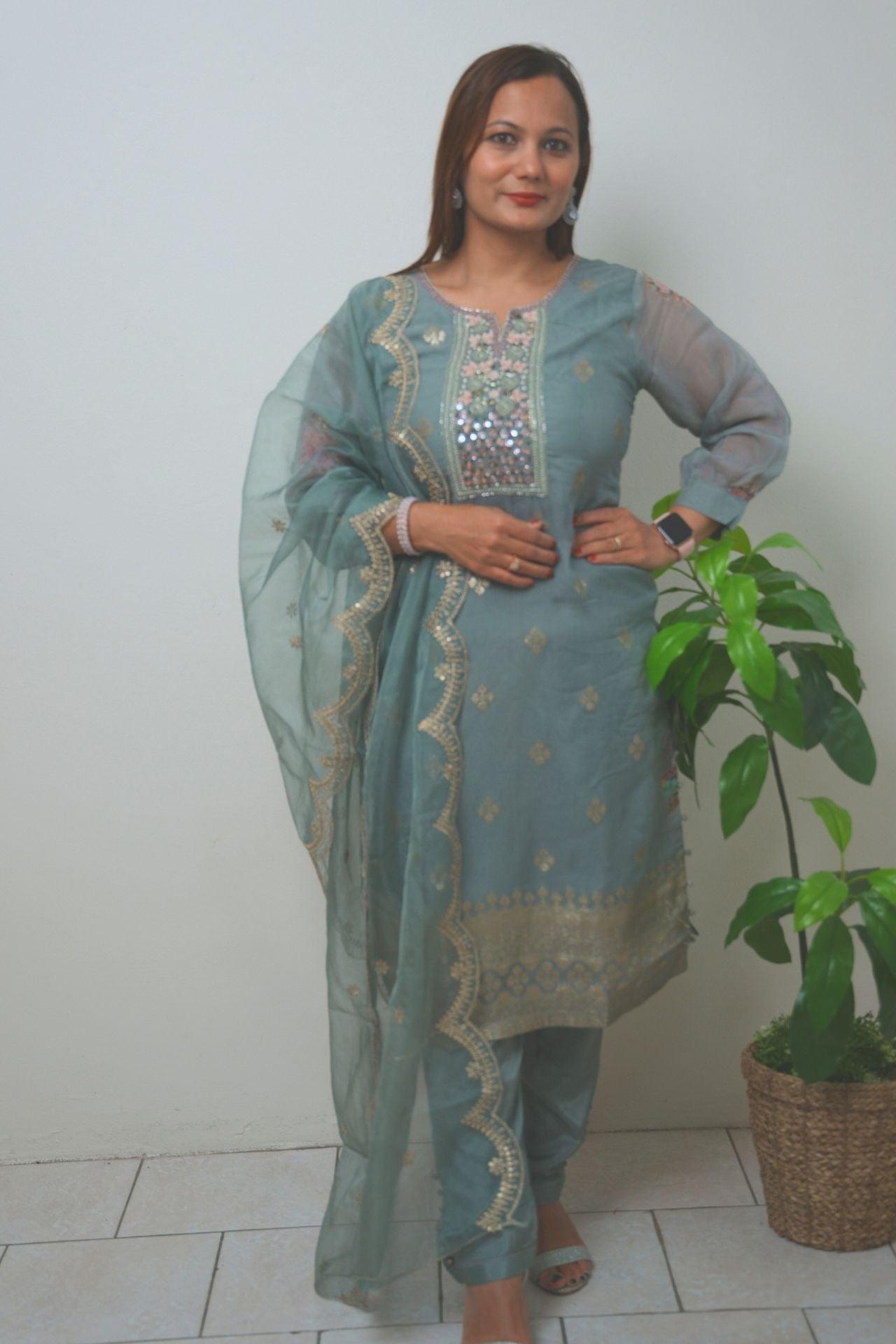 Grey Hand Embroidered Kurta Set - Boutique Nepal