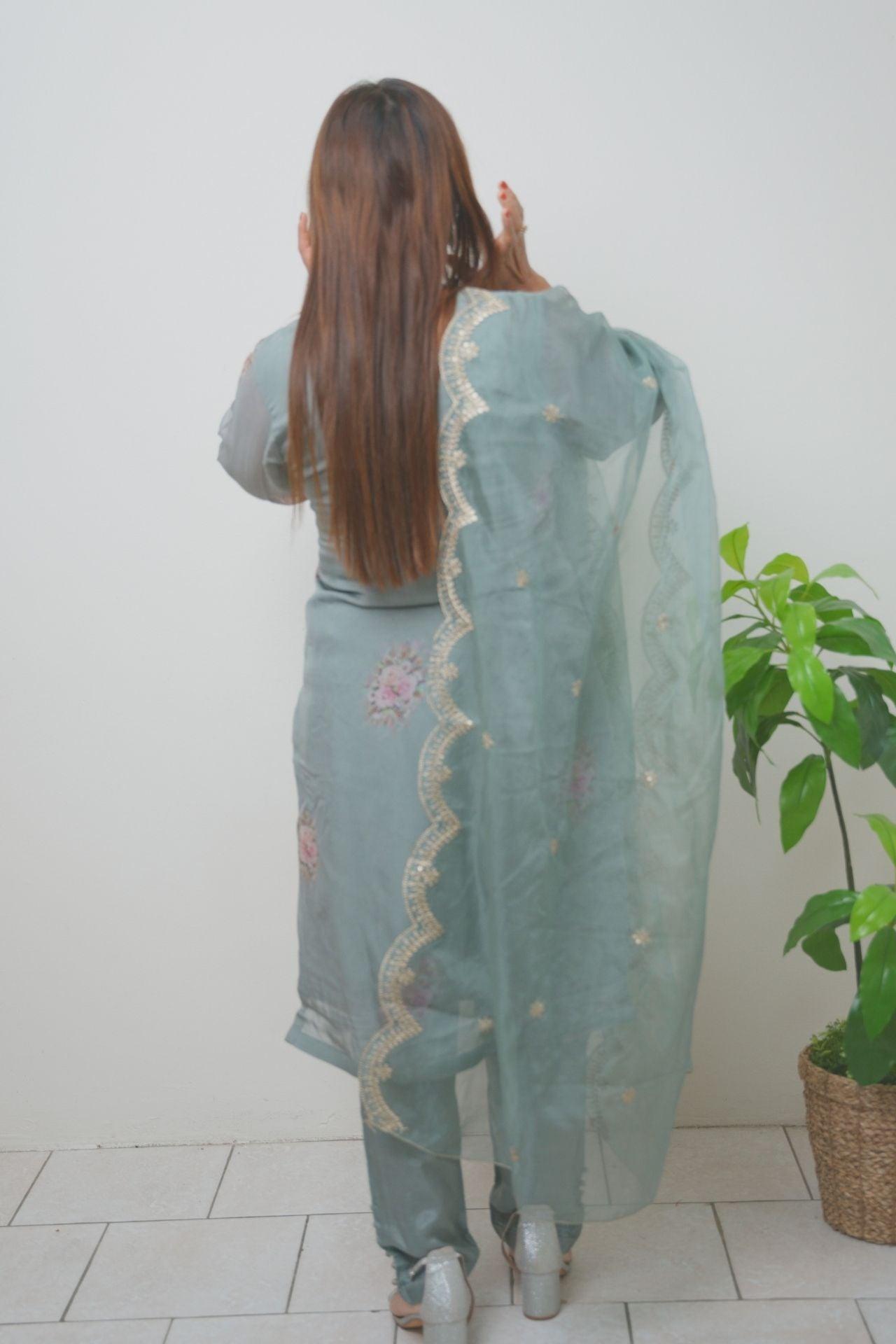 Grey Hand Embroidered Kurta Set - Boutique Nepal