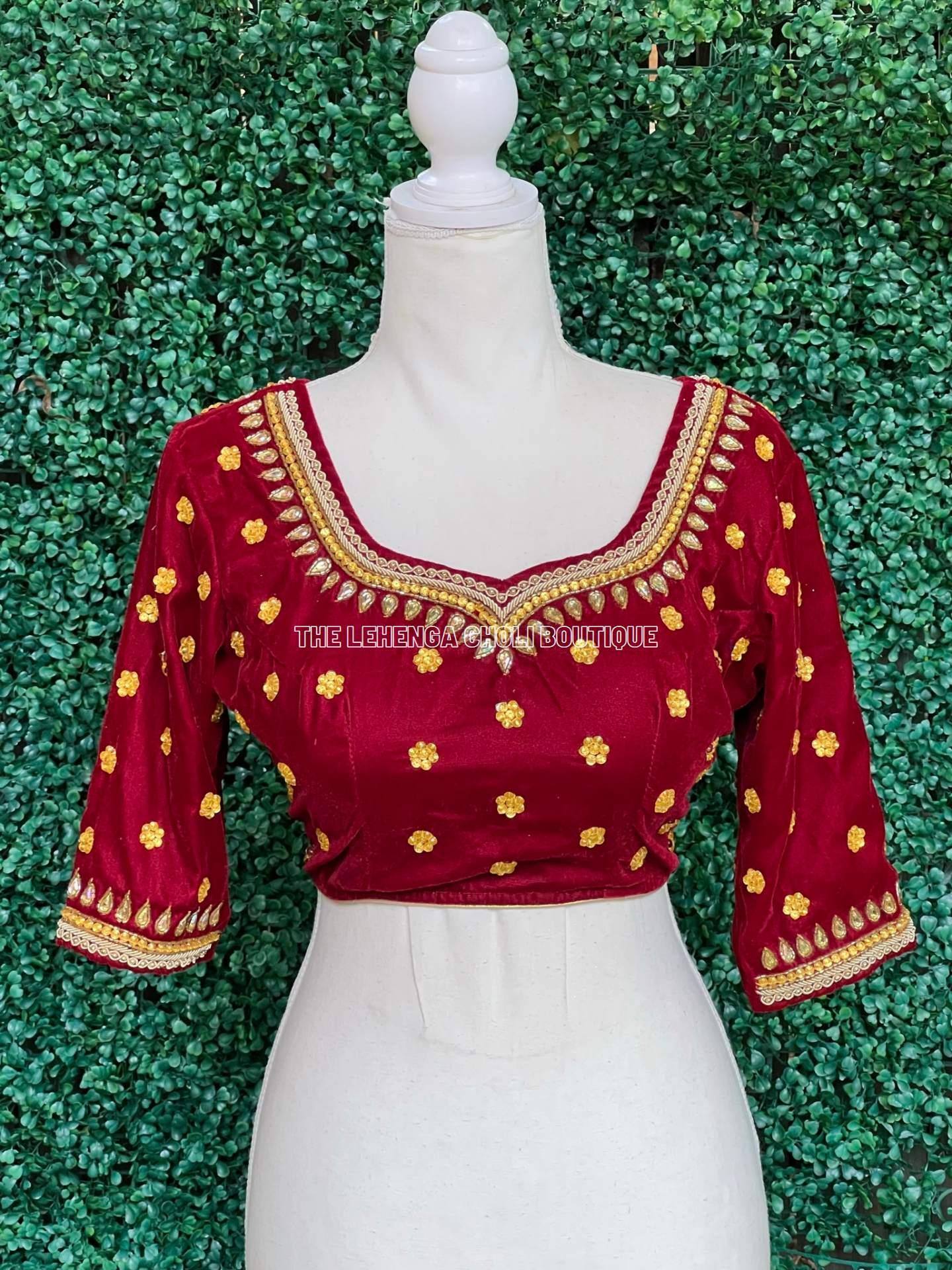 Red And Gold Velvet Embroidered Lehenga Choli - Hatkay