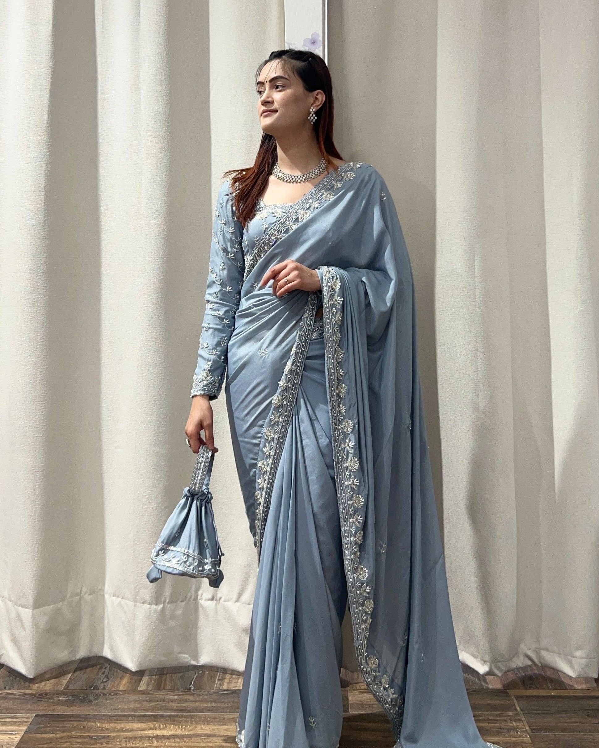 Hand Embroidered Saree Set In Silver Grey - Boutique Nepal