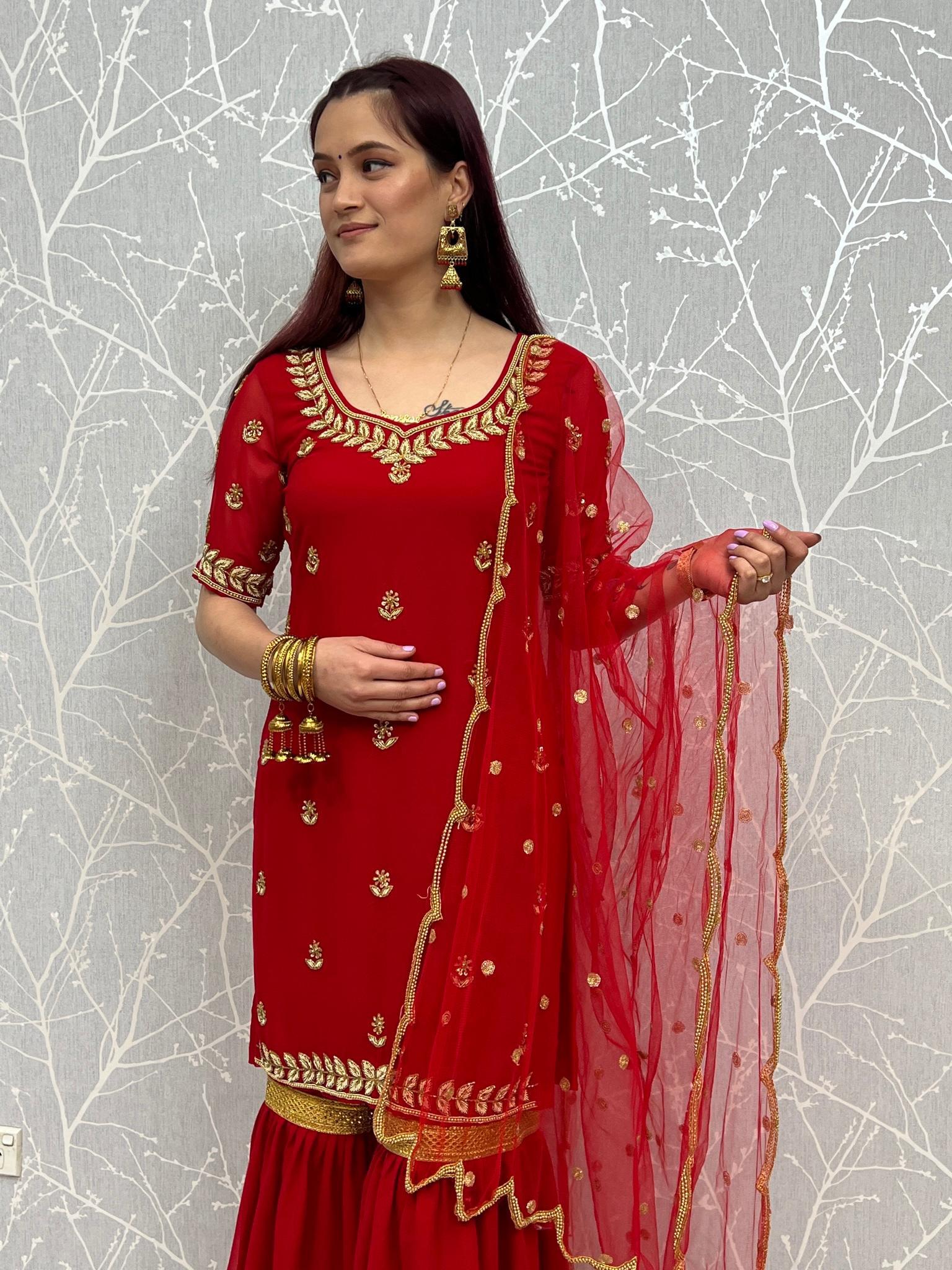 Handwork Sharara Kurti Suit In Red - Boutique Nepal