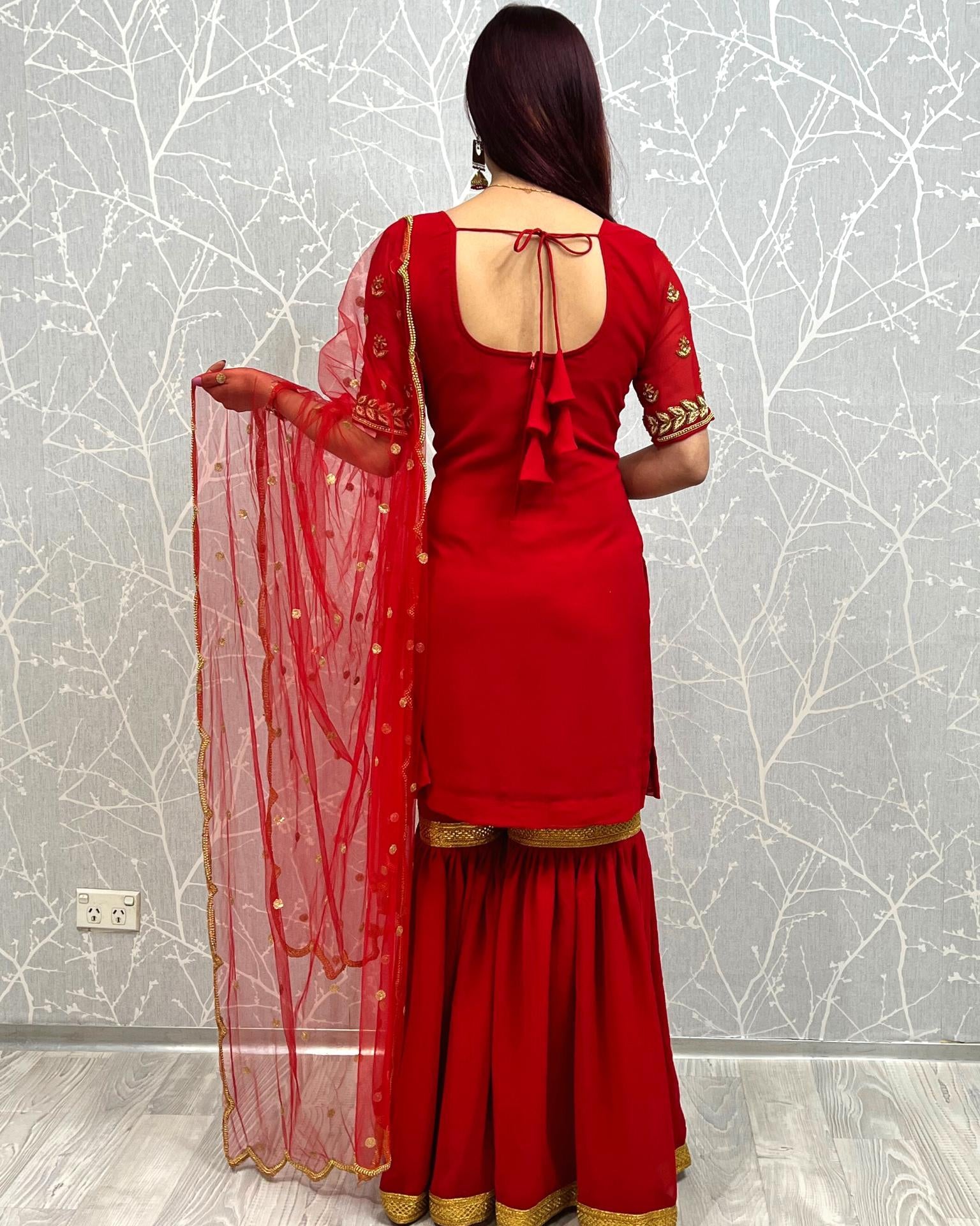 Handwork Sharara Kurti Suit In Red - Boutique Nepal Au