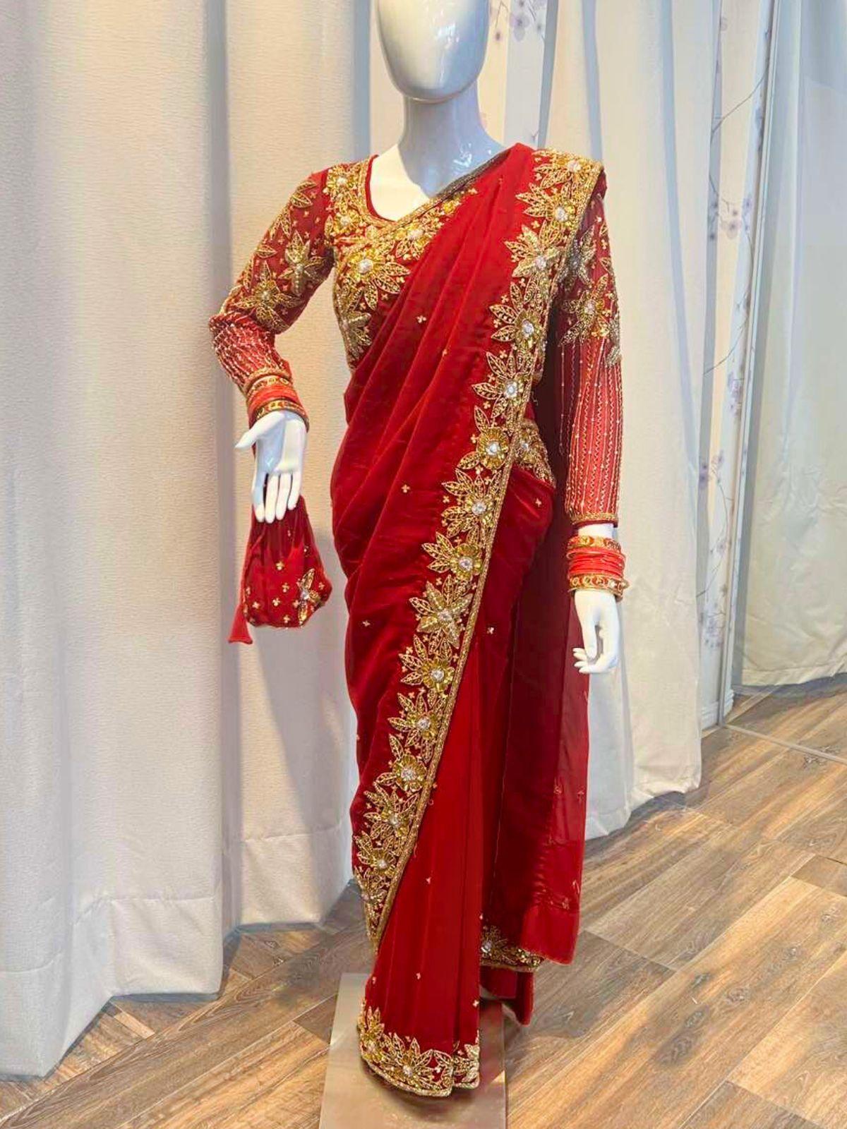 Heavy Red Bridal Hand Embroidered Saree Set - Boutique Nepal