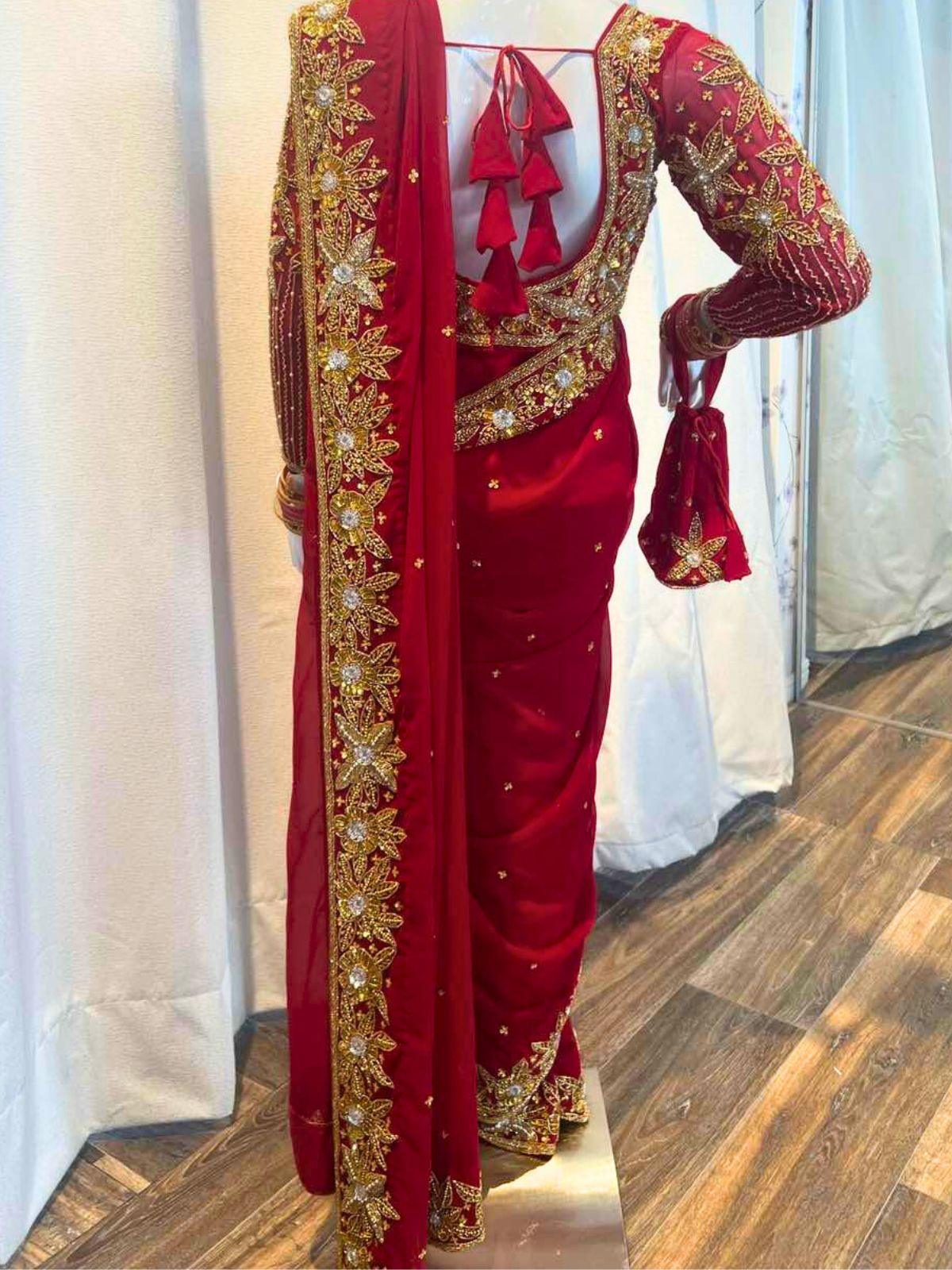 Heavy Red Bridal Hand Embroidered Saree Set - Boutique Nepal