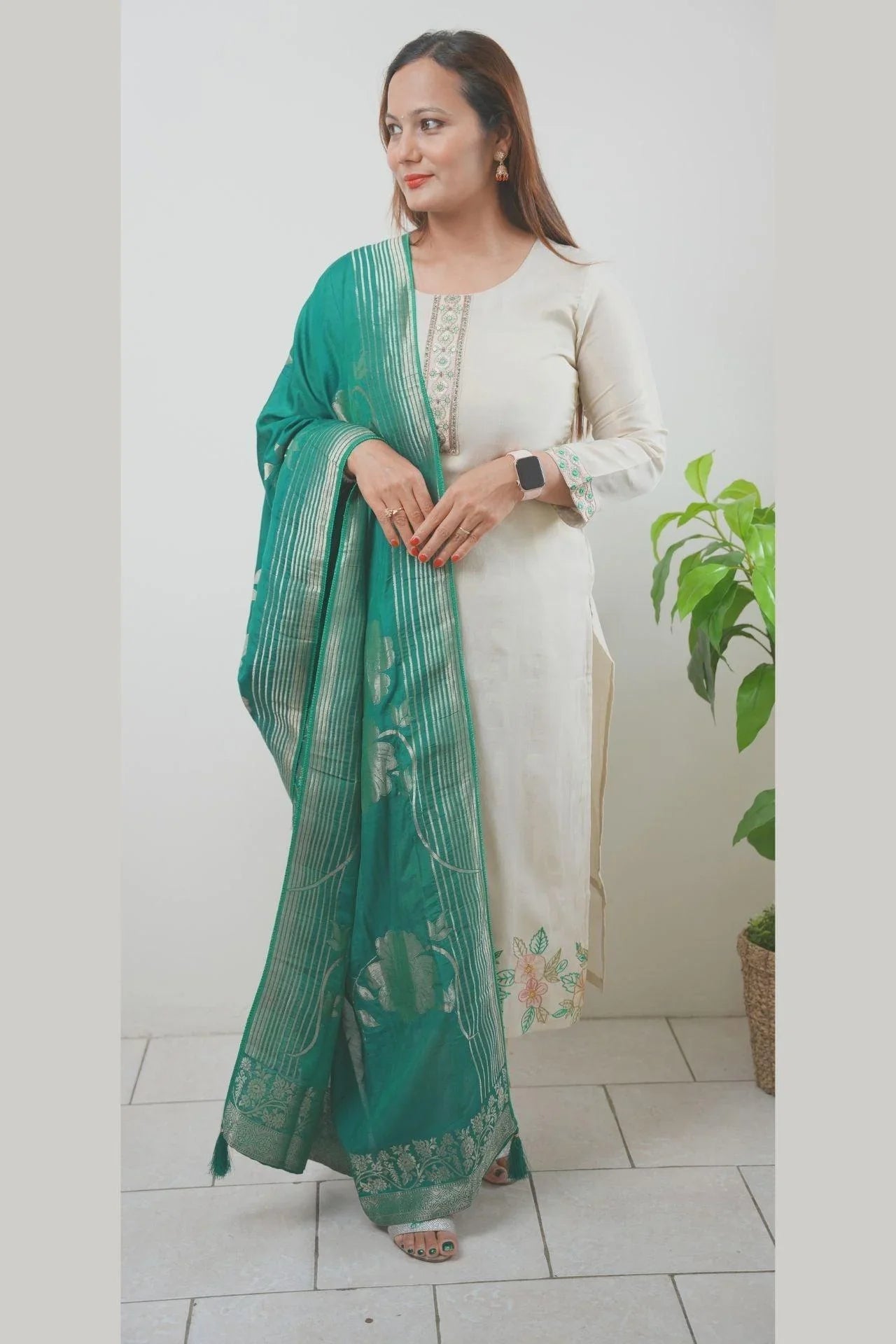 Ivory And Green Silk Embroidered Kurta Set - Boutique Nepal