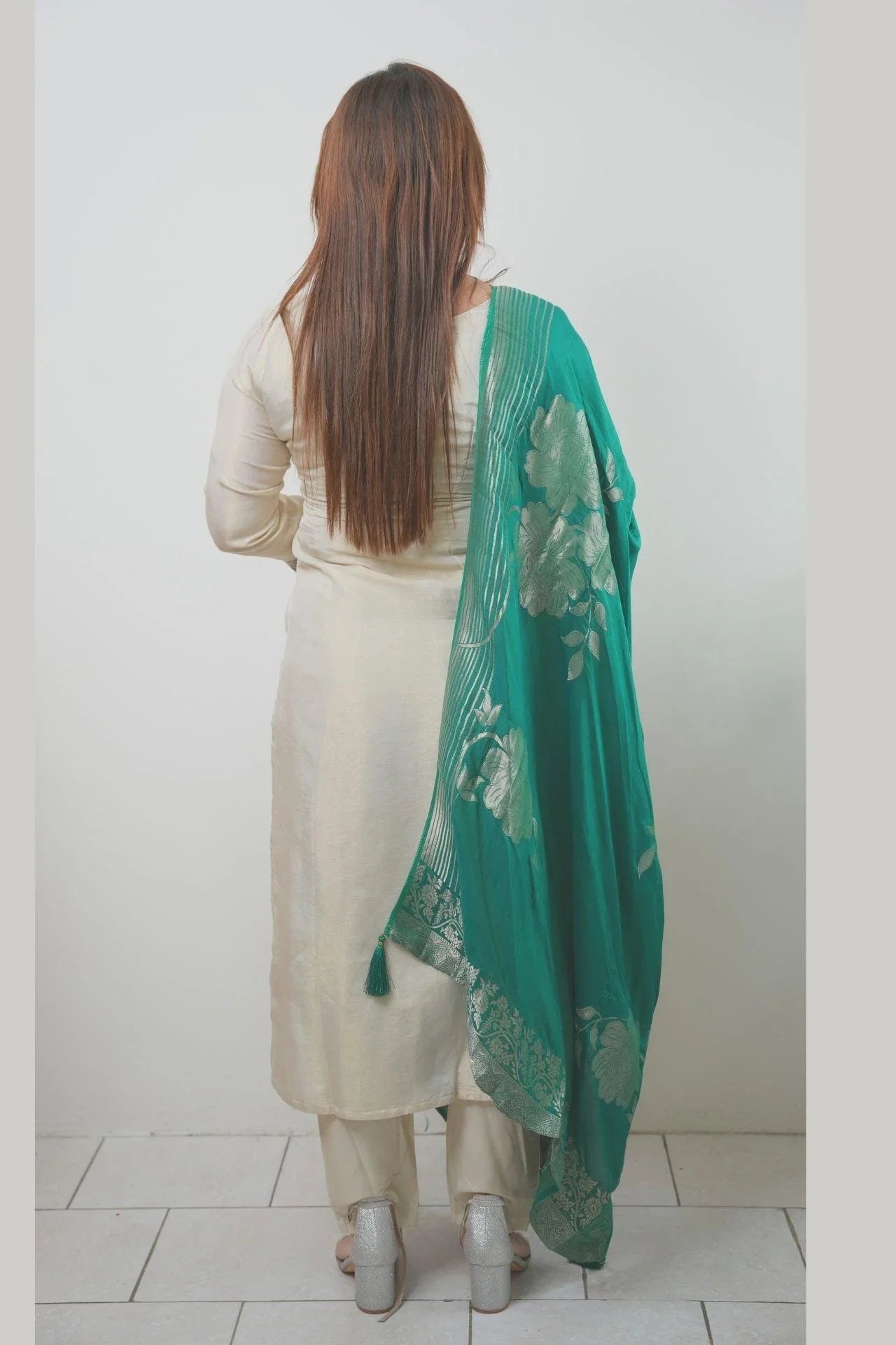 Ivory And Green Silk Embroidered Kurta Set - Boutique Nepal