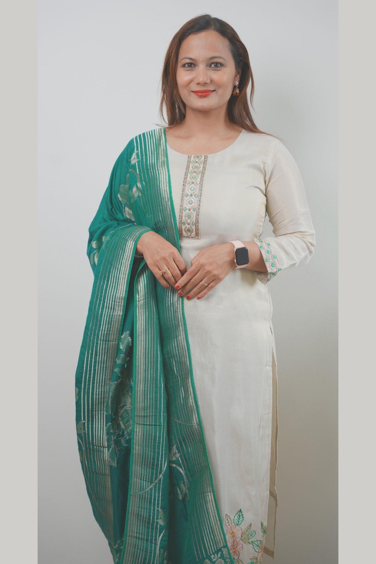 Ivory And Green Silk Embroidered Kurta Set - Boutique Nepal