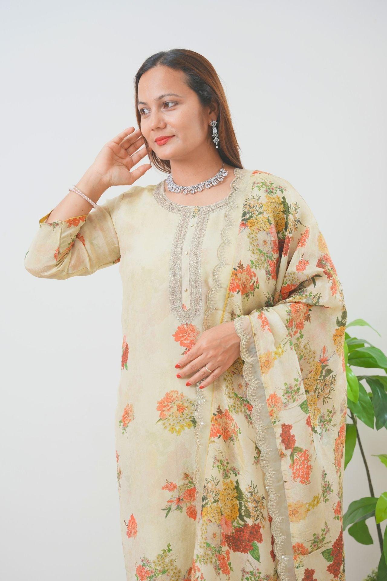 Ivory Pure Tissue Shimmer Silk Embroidered Kurta Set - Boutique Nepal