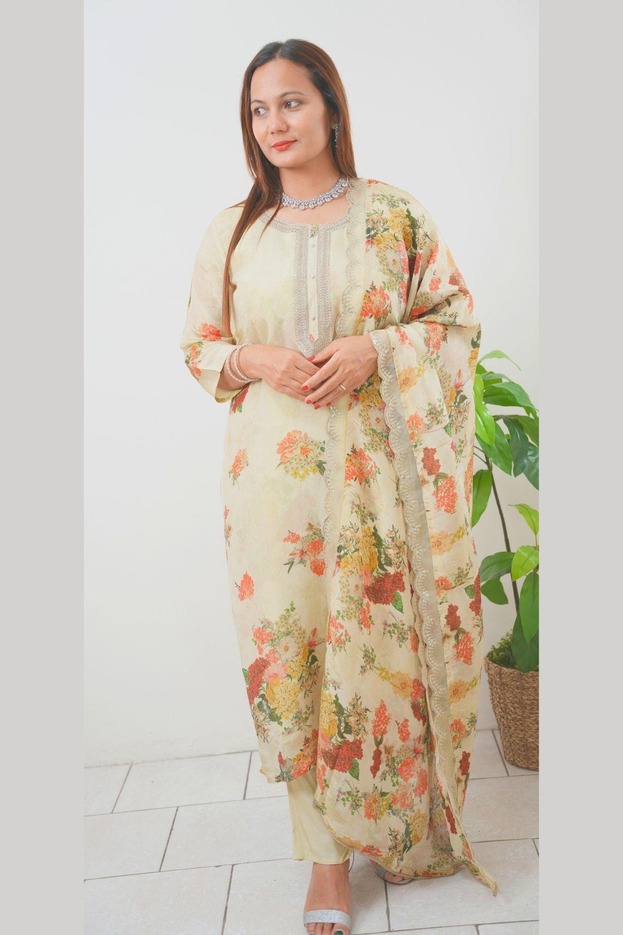 Ivory Pure Tissue Shimmer Silk Embroidered Kurta Set - Boutique Nepal