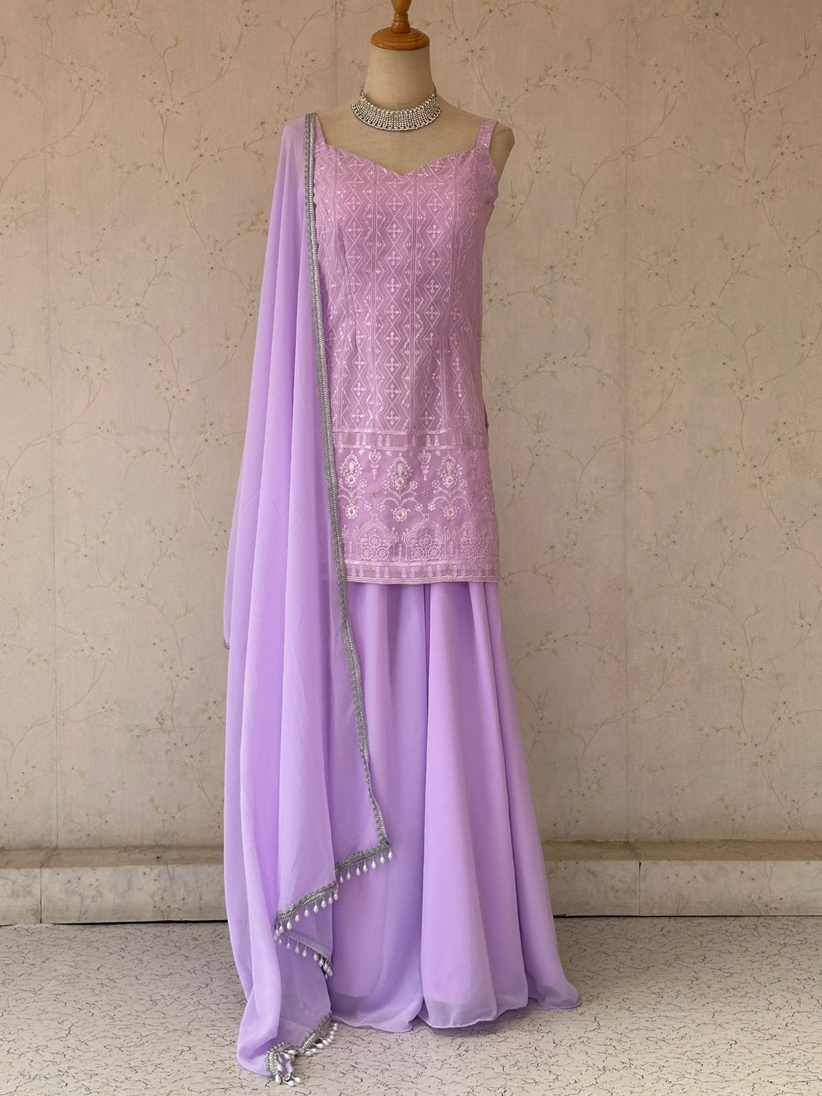 Lavender Sleeveless Kurti Plazo Sequence Work - Boutique Nepal