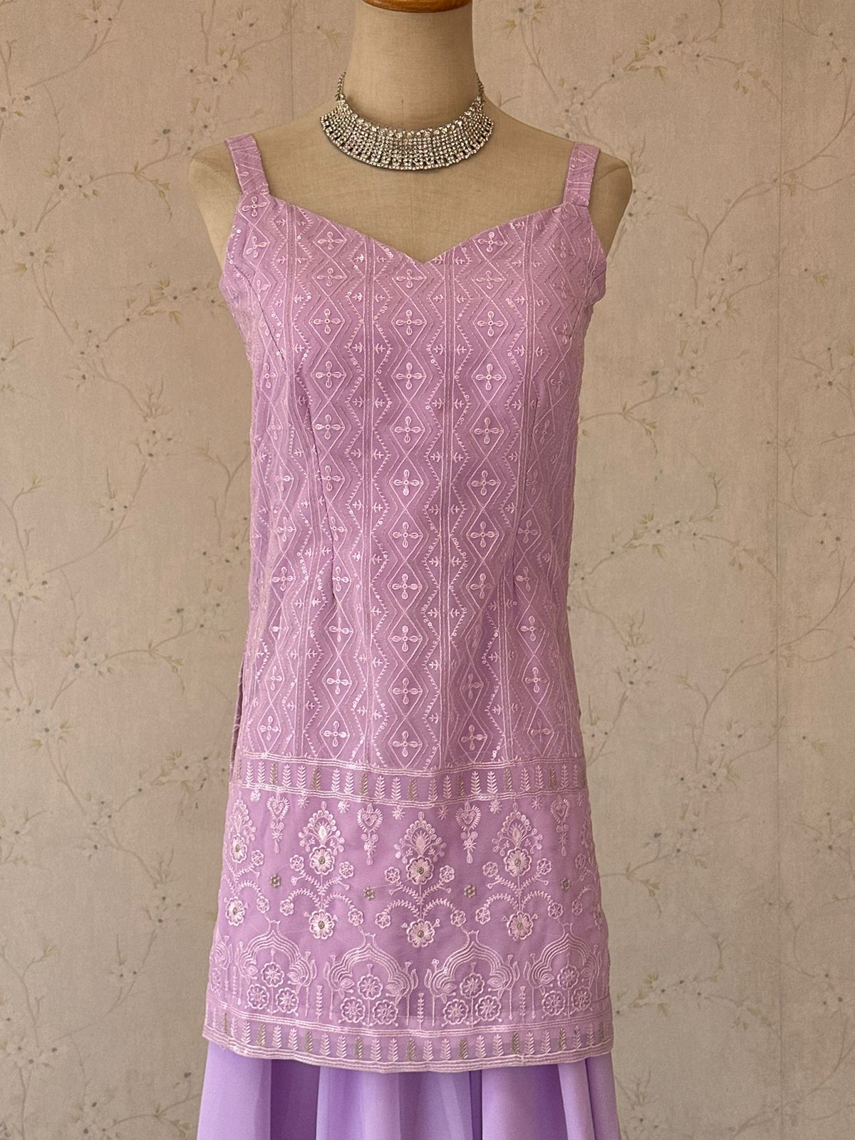 Lavender Sleeveless Kurti Plazo Sequence Work - Boutique Nepal