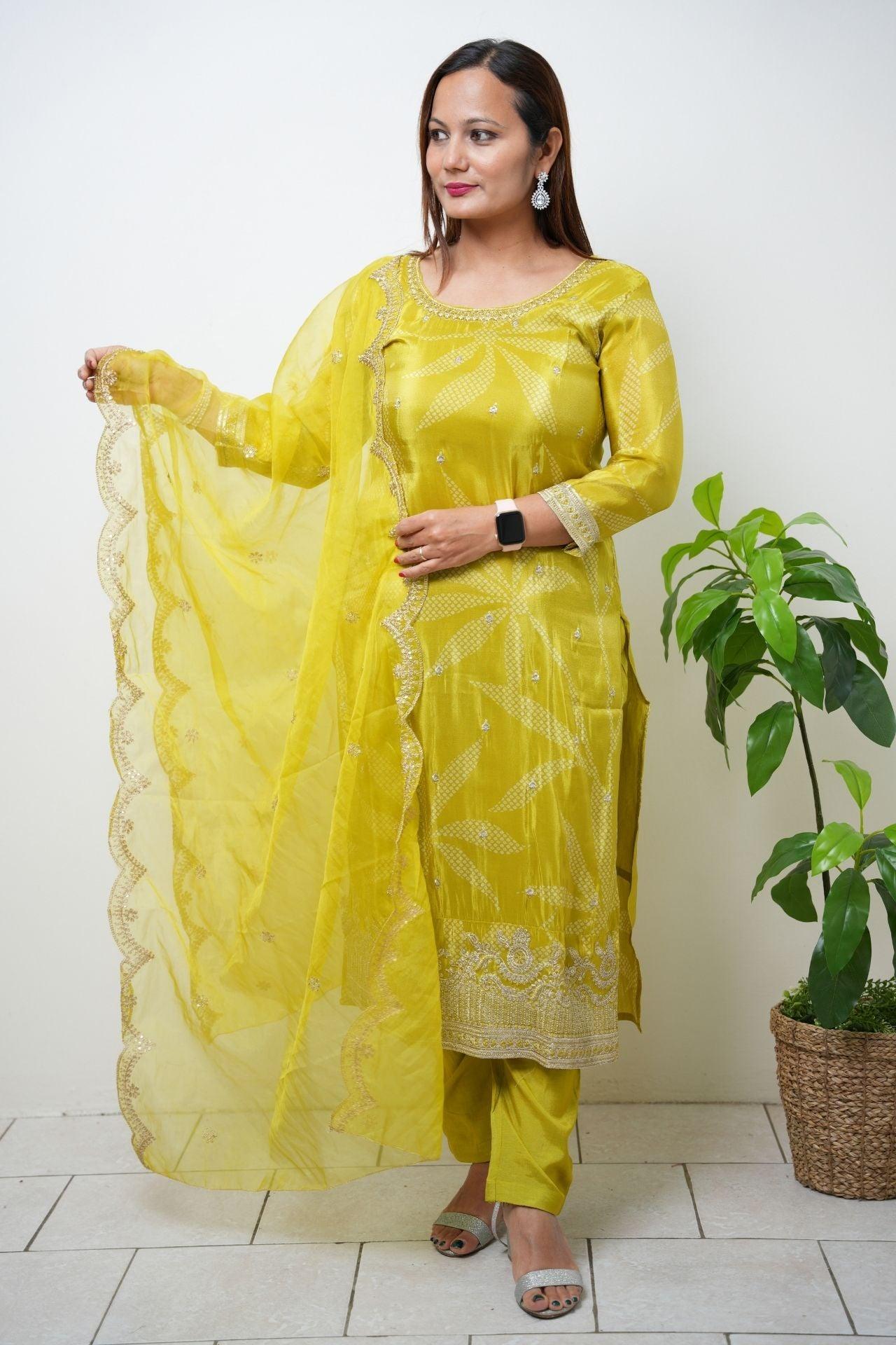 Lemon Yellow Tissue Silk Printed & Embroidered Kurta Set - Boutique Nepal