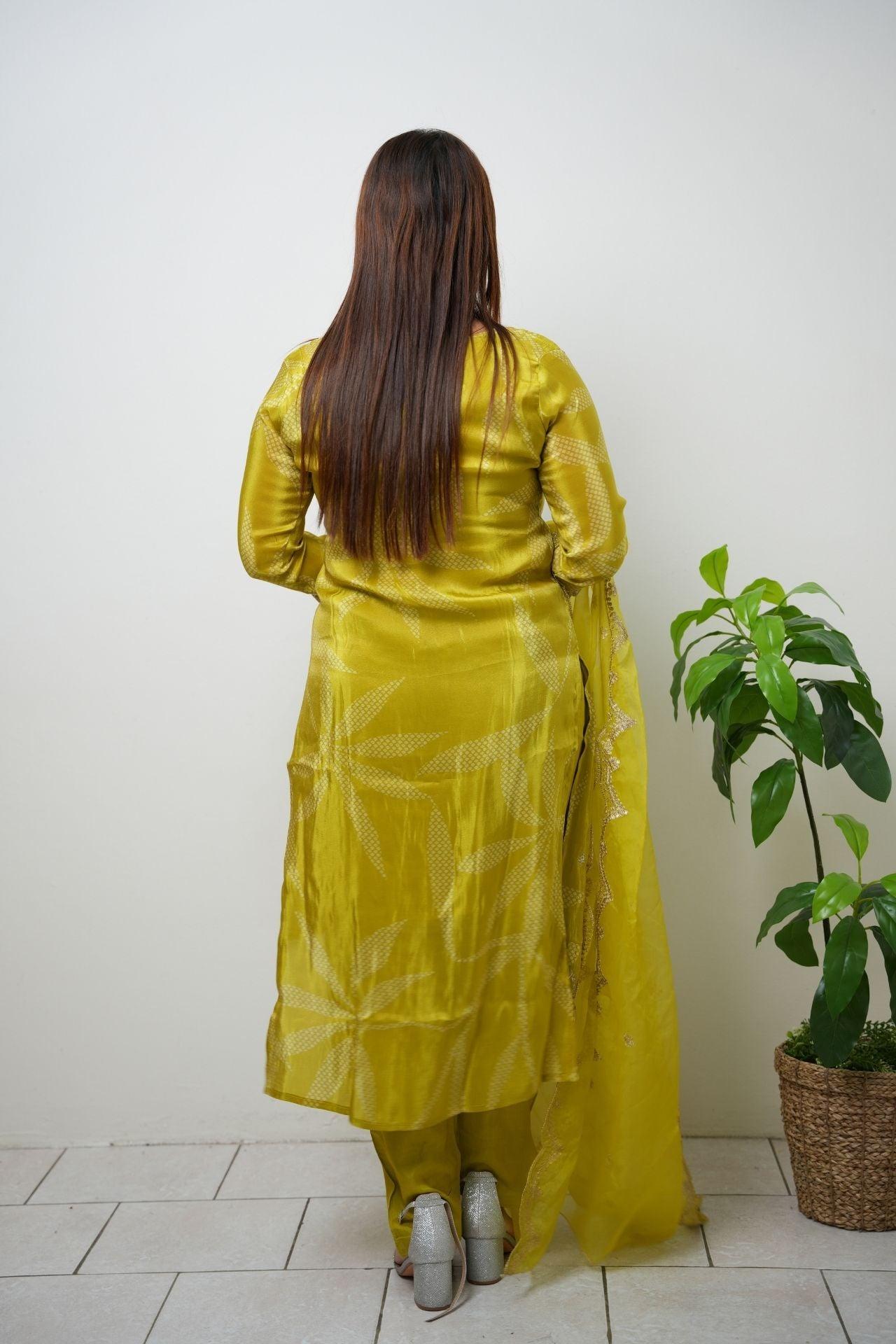 Lemon Yellow Tissue Silk Printed & Embroidered Kurta Set - Boutique Nepal