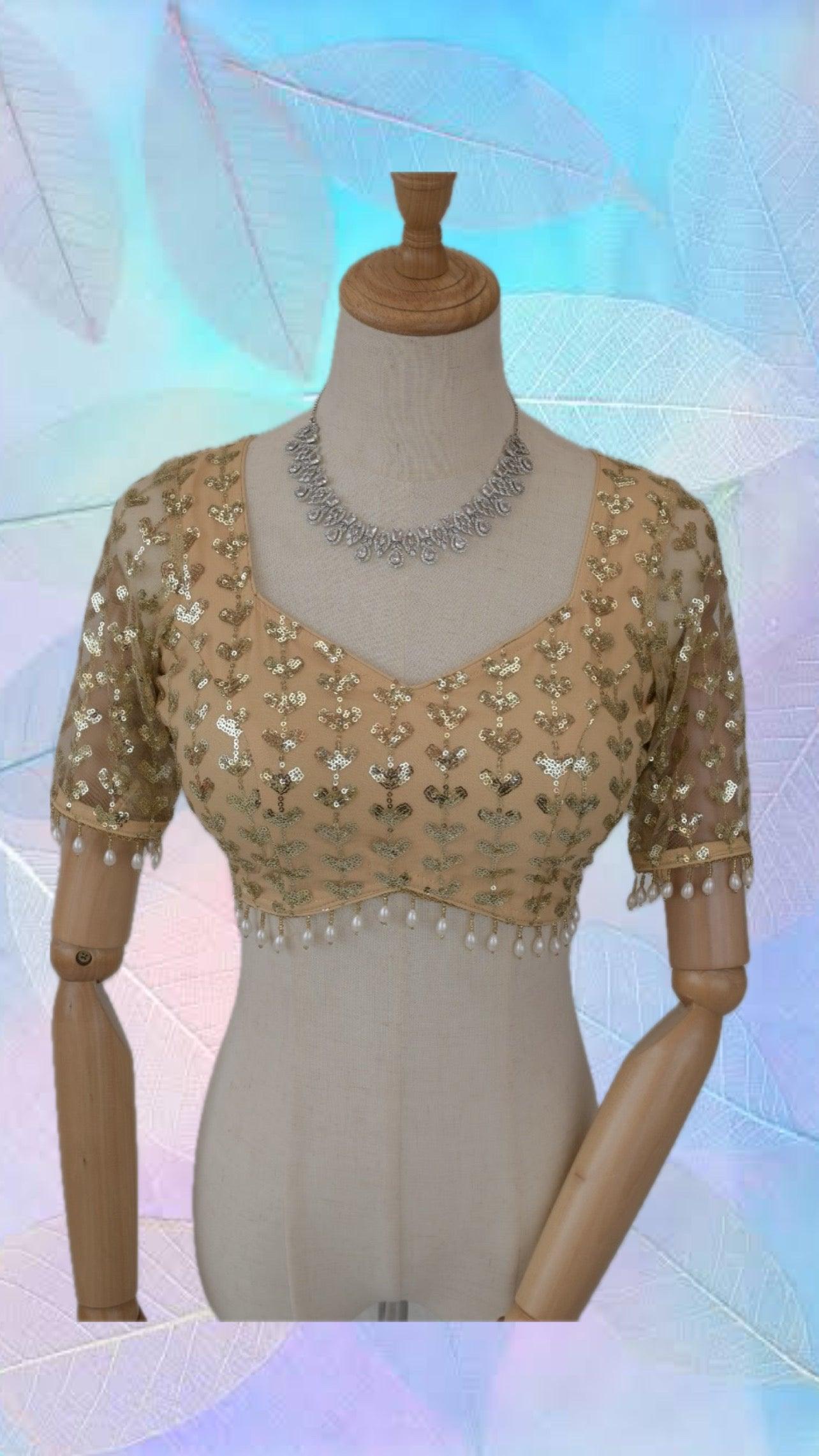 Light Golden Half Sleeves Blouse With Pearls - Boutique Nepal