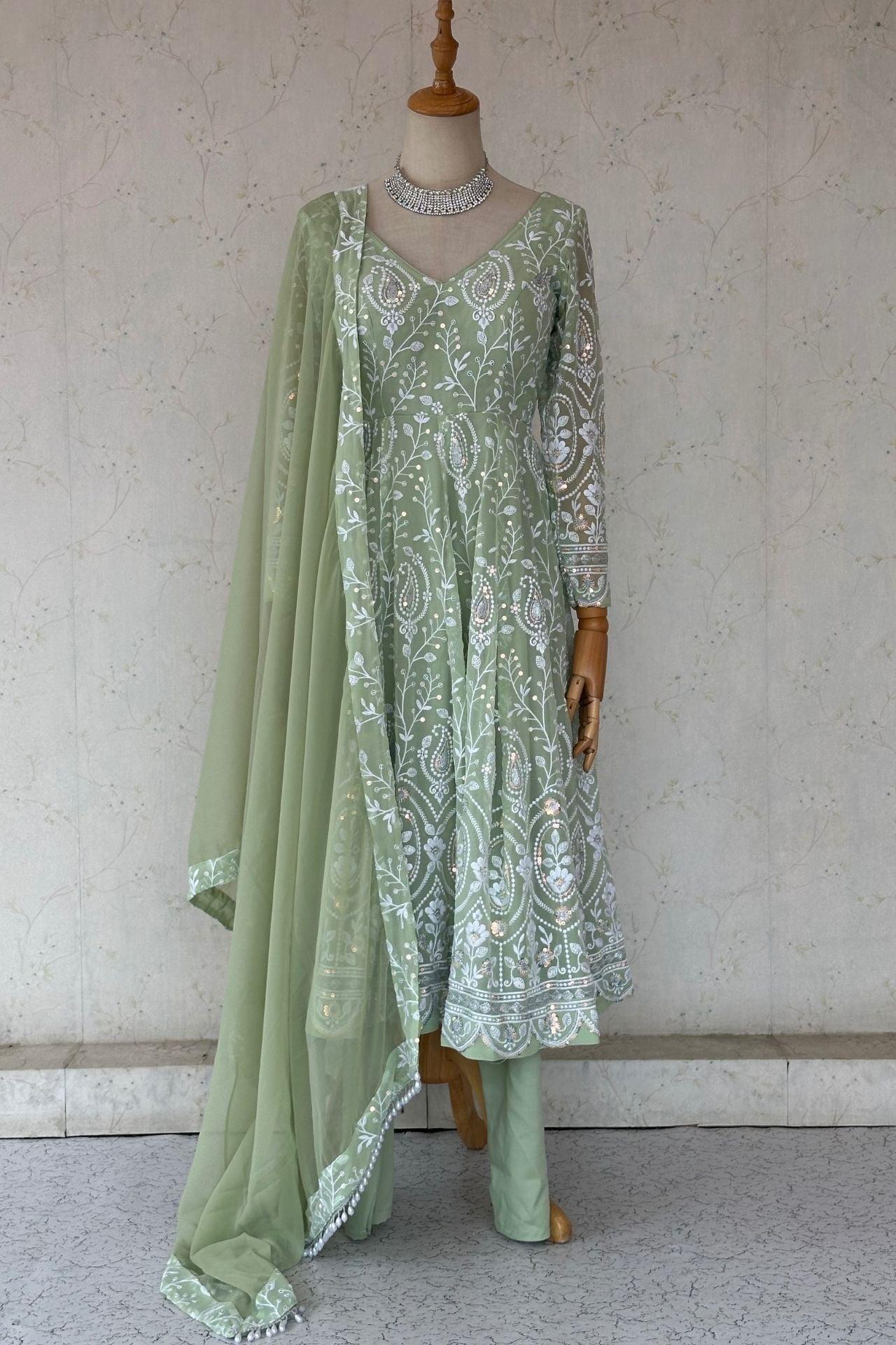 Light Green Embroidered Anarkali Set - Boutique Nepal