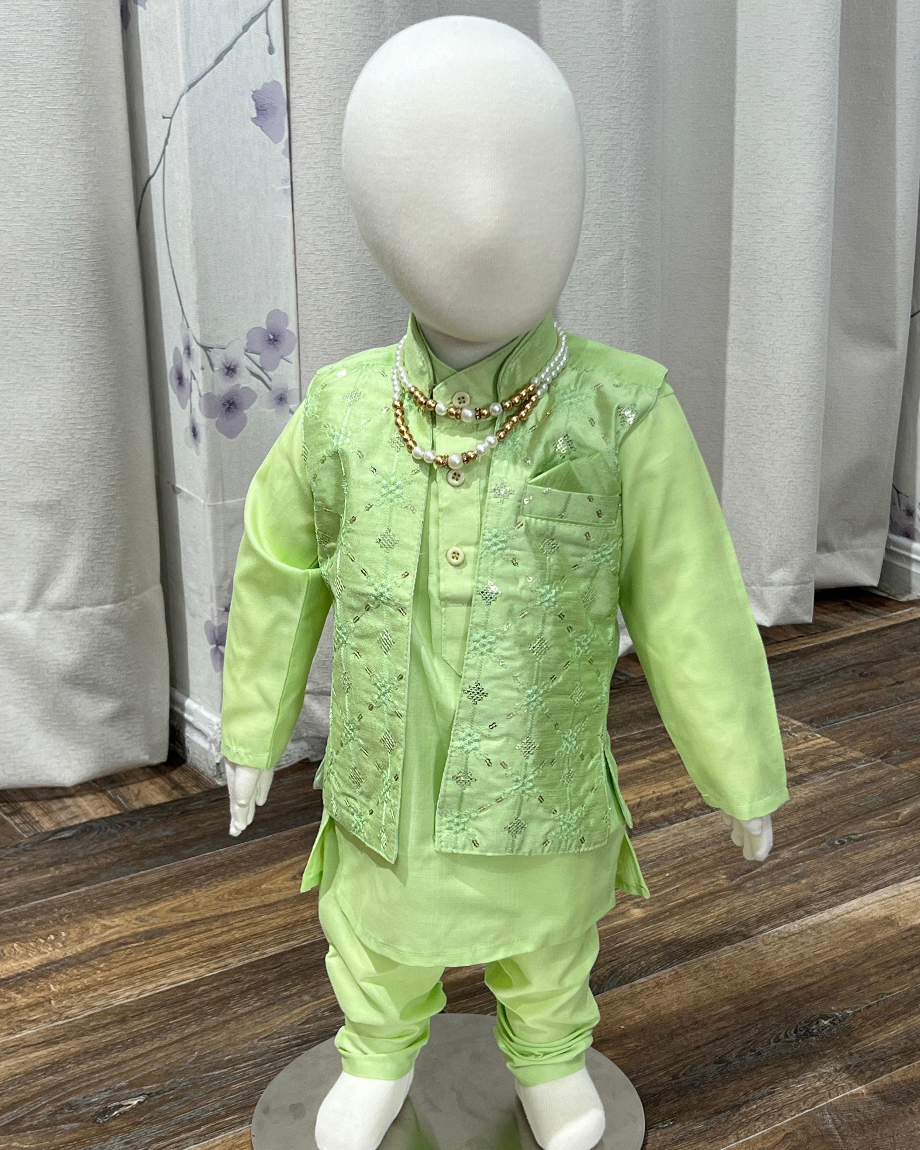 Light Green Kurta Pajama With Printed Jacket - Boutique Nepal