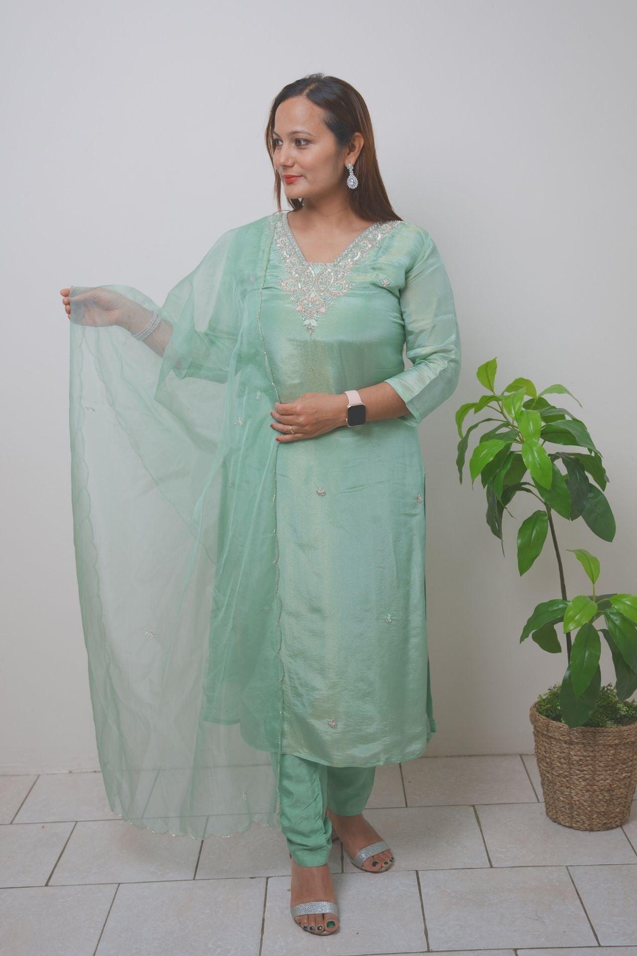 Light Mint Tissue Silk Printed & Embroidered Kurta Set - Boutique Nepal