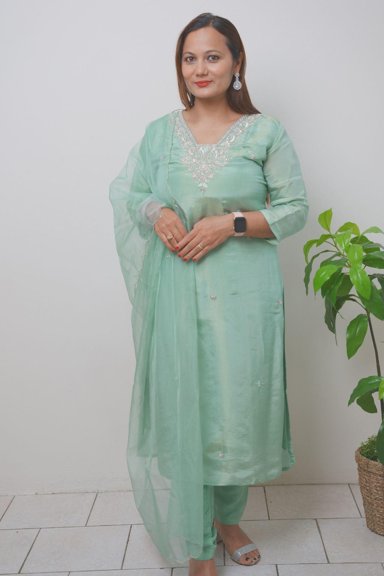 Light Mint Tissue Silk Printed & Embroidered Kurta Set - Boutique Nepal