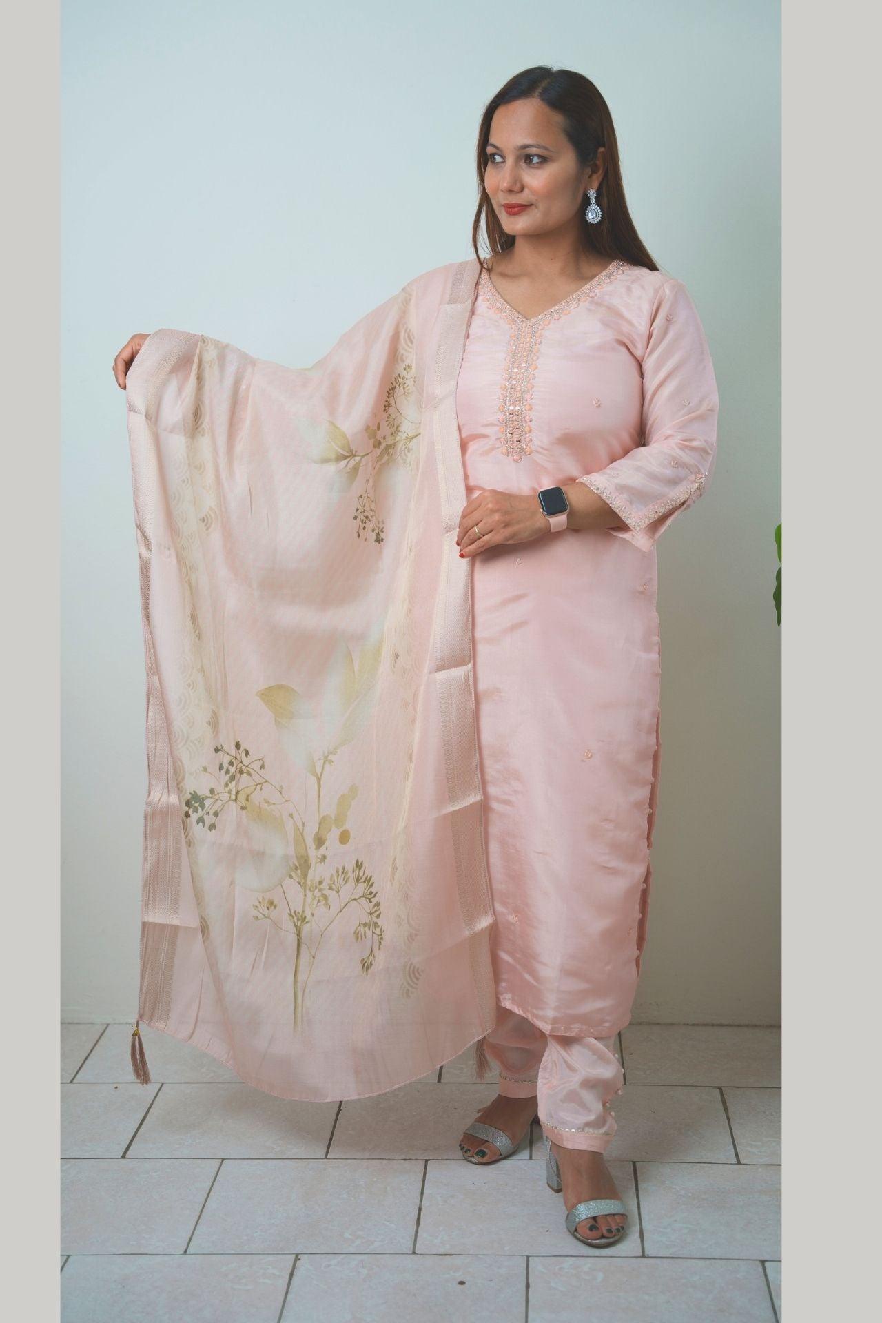 Light Pink Tissue Silk Printed & Embroidered Kurta Set - Boutique Nepal