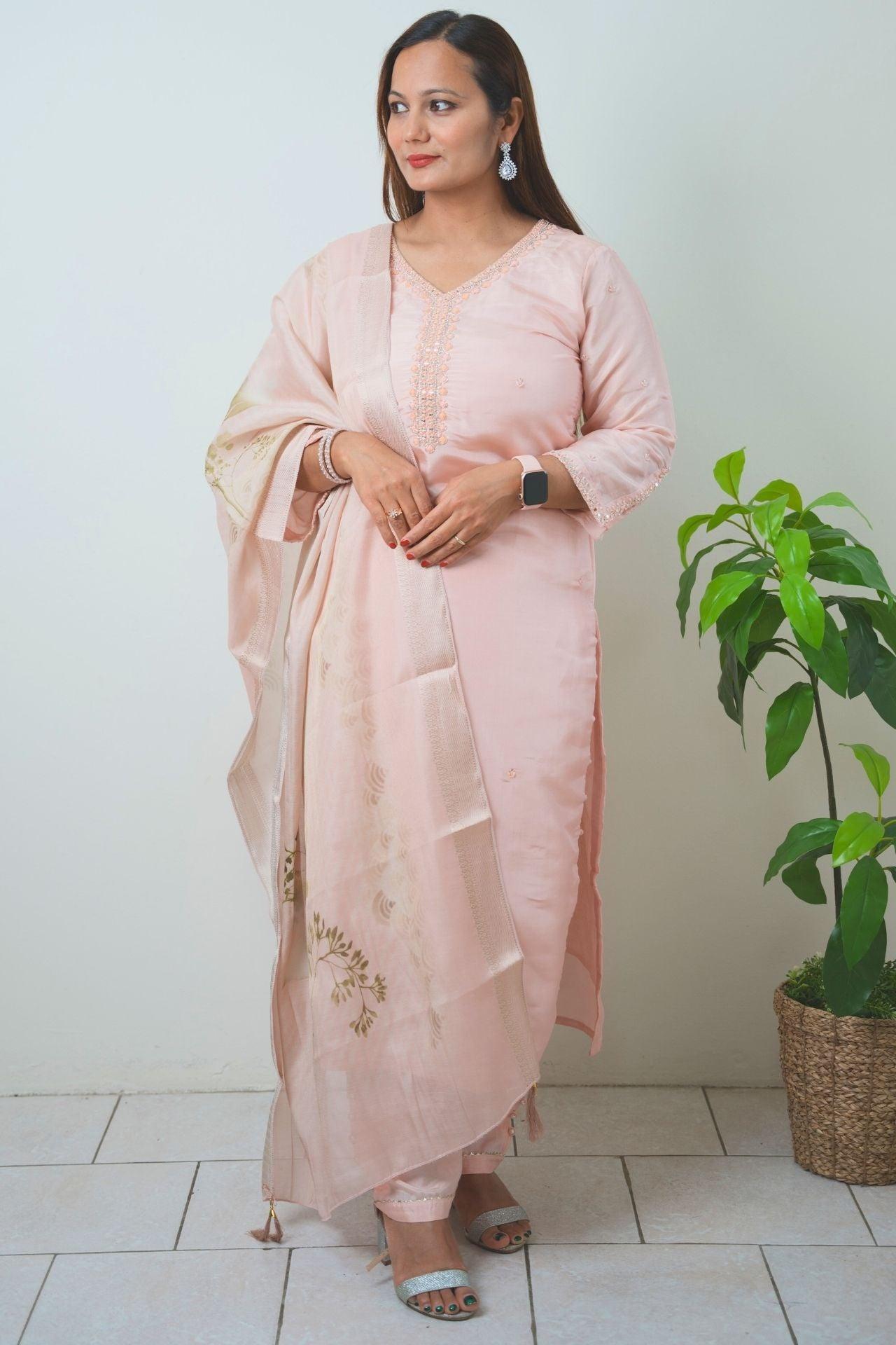 Light Pink Tissue Silk Printed & Embroidered Kurta Set - Boutique Nepal