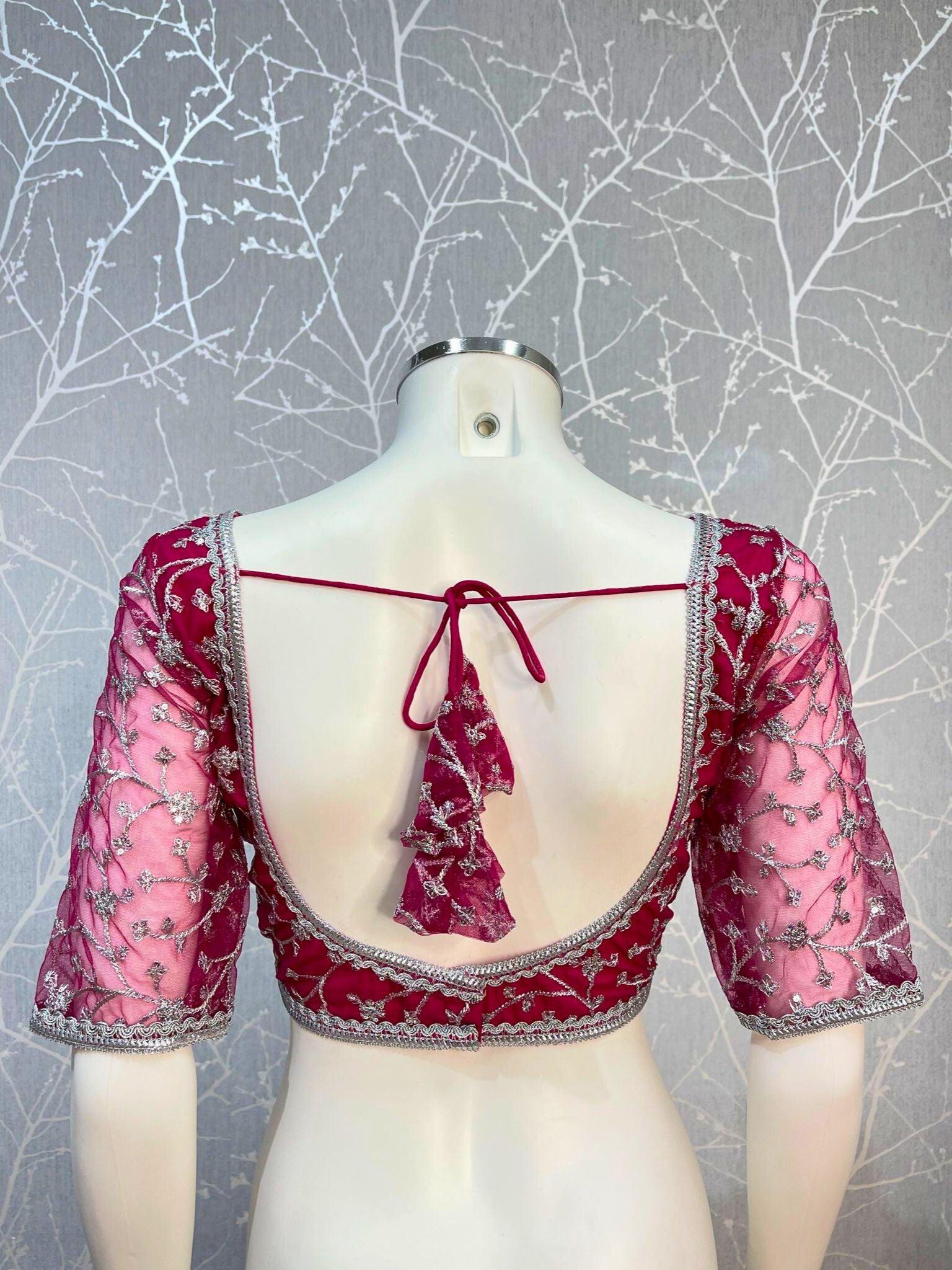 Magenta Pink Net Blouse With Silver Border - Boutique Nepal