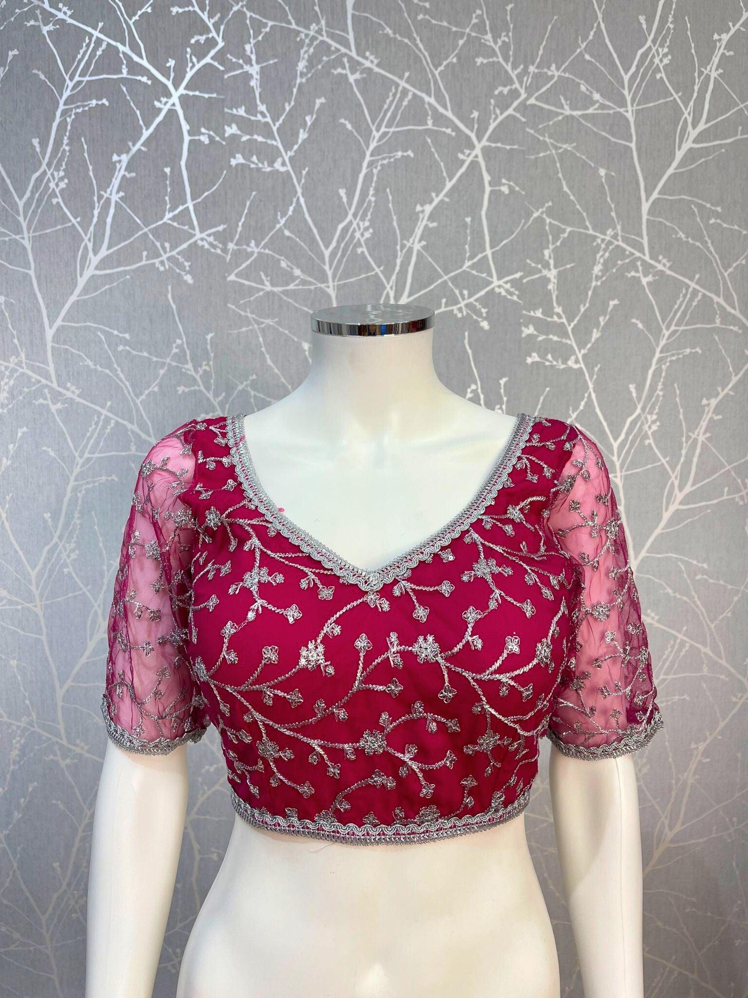 Magenta Pink Net Blouse With Silver Border - Boutique Nepal Au